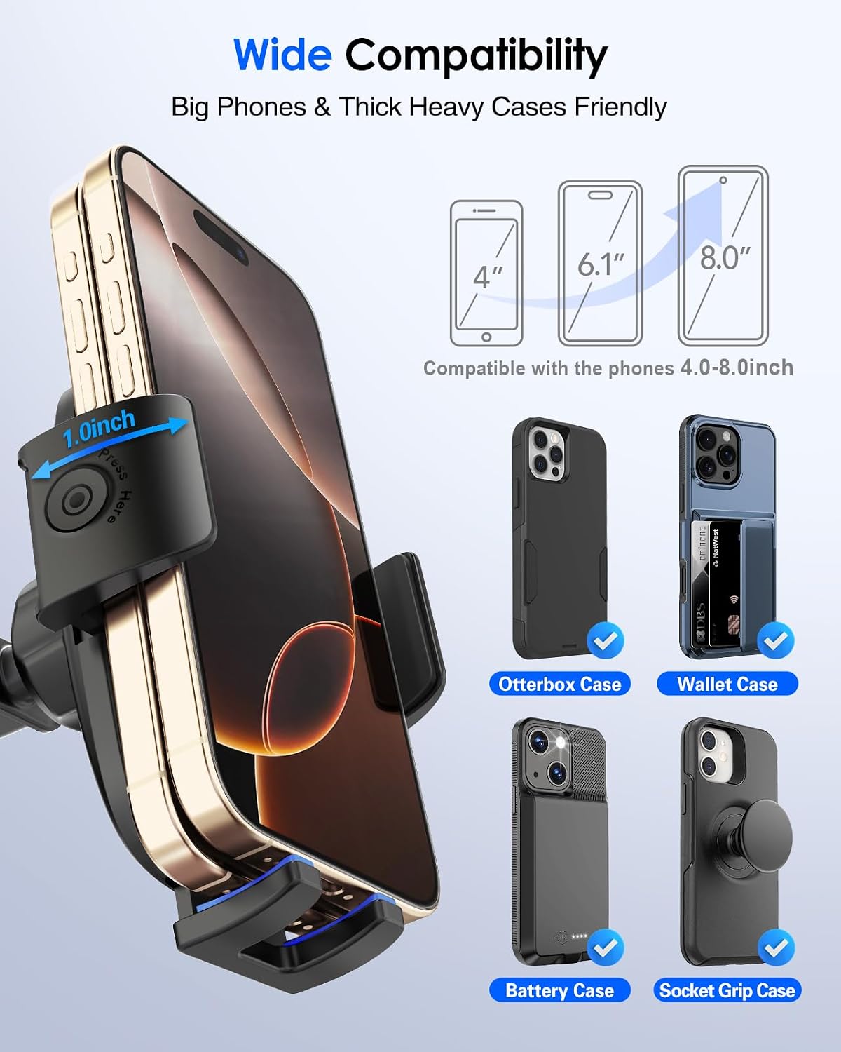 pop-tech Phone Mount for Car, [Military-Grade Suction] Universal Cell Phone Holder for Your Car Dashboard Windshield Window, Automobile Cradle Fit for iPhone Samsung All Smartphones with Thick Case