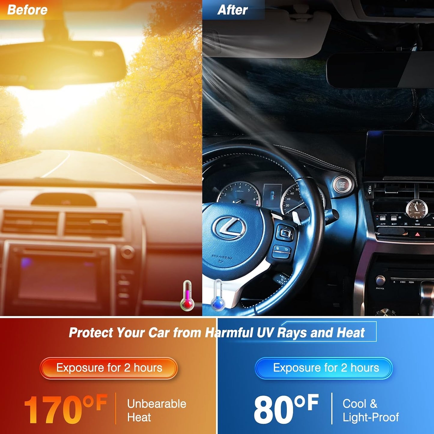Car Windshield Sun Shade, Foldable Front Window Sunshade Blocks UV Rays, Keep Car Interior Cool, Universal Fit for Hatchback, Truck, SUV, MPV