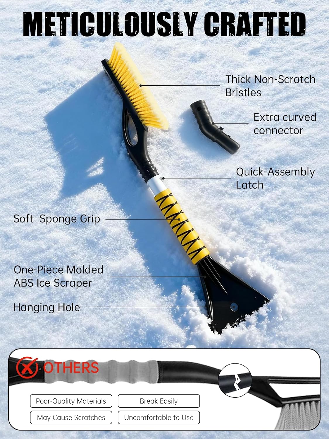 MIKKUPPA 27" Snow Brush and Ice Scrapers for Car Windshield, Yellow | Detachable Windshield Scraper, Snow Removal Tool with Curved Connector & Ergonomic Foam Grip for Cars, Trucks, SUVs