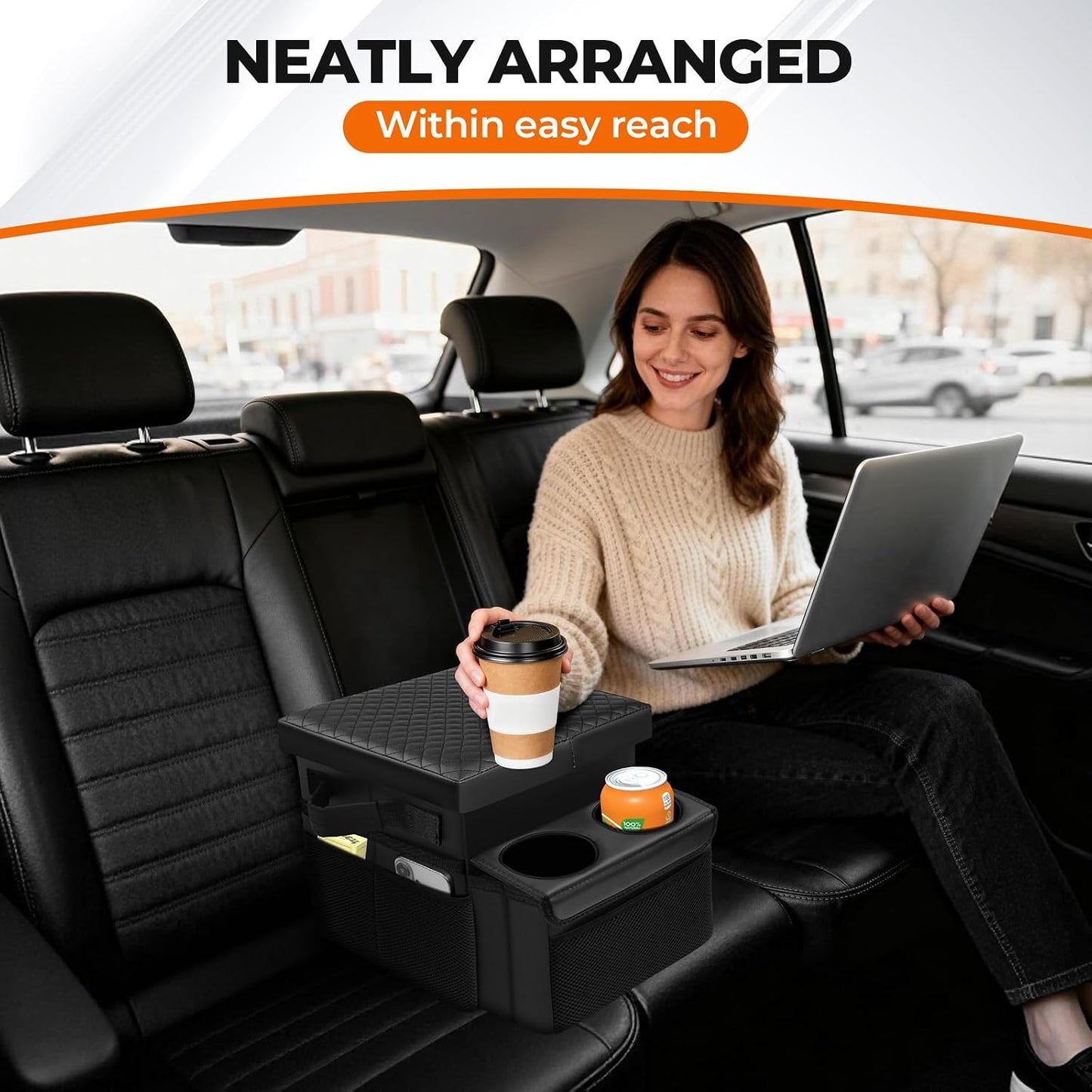 Autorder Car Seat Organizer with 2 Cup Holders - Foldable Universal Rear Bench Seat Console, 21 Qt Large Seat Organizer and Storage, Car Seat Back Storage Box (Black)