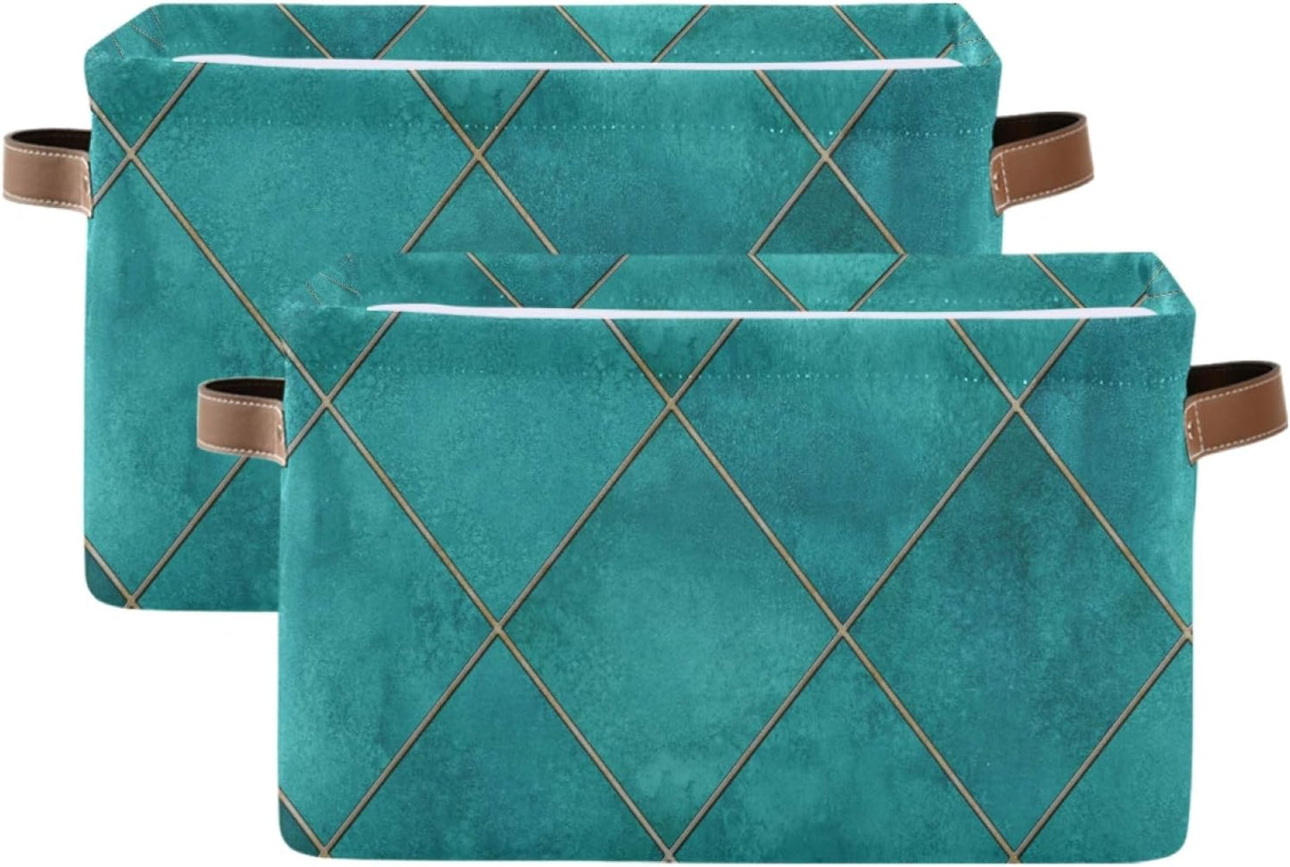Blueangle Teal Watercolor Geometric Plaid Rectangle Storage Bin, 15 x 11 x 9.5 in, Collapsible Organizer Storage Basket for Home Décor, 2PCS