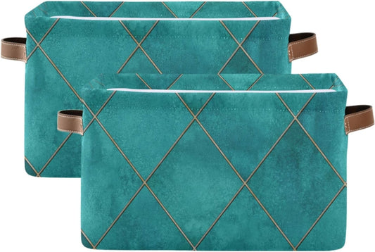 Blueangle Teal Watercolor Geometric Plaid Rectangle Storage Bin, 15 x 11 x 9.5 in, Collapsible Organizer Storage Basket for Home Décor, 2PCS