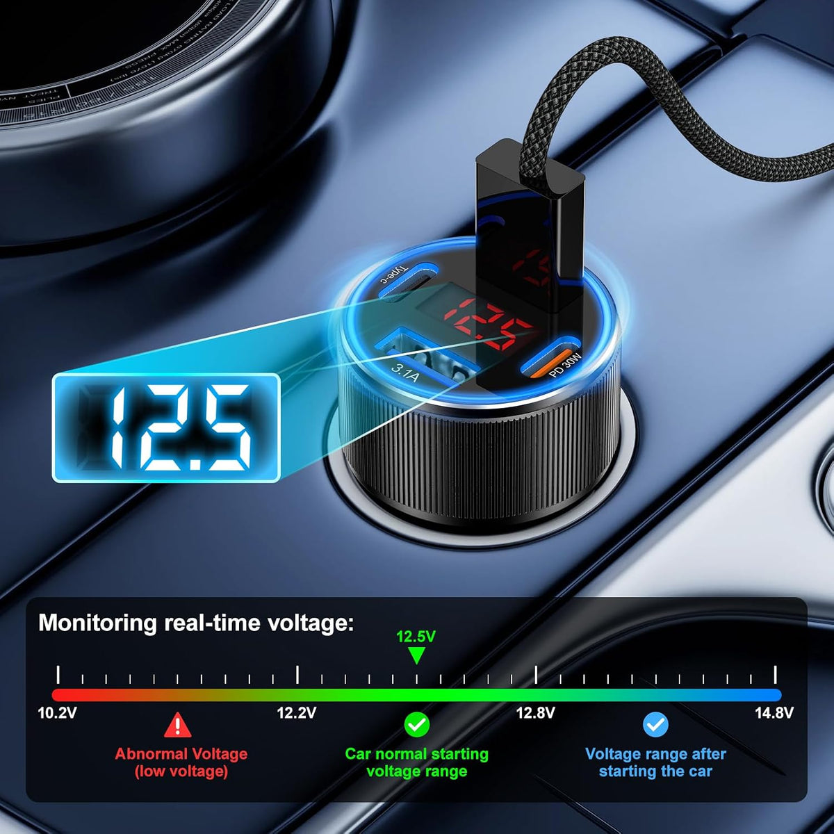 Car Charger USB C with Voltmeter, 4 Ports Cigarette Lighter USB Charger