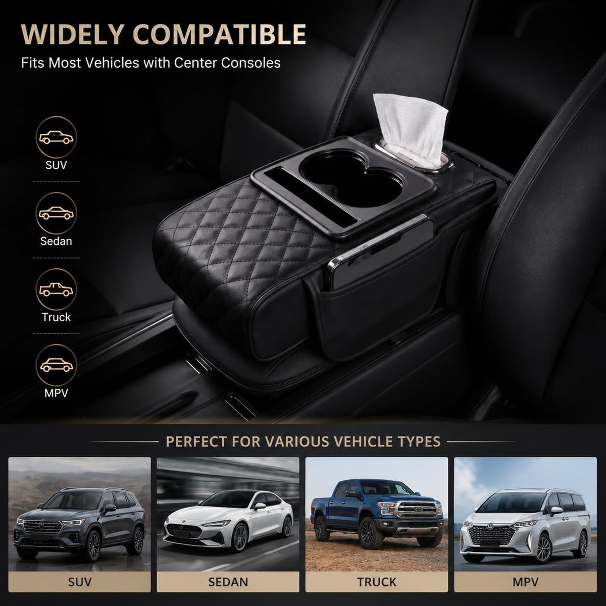 Zpana 4 in 1 Car Center Console Armrest Pillow, Memory Foam, Black