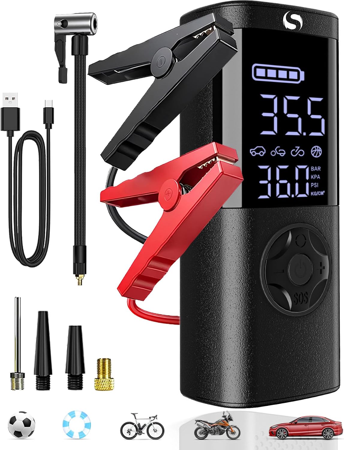Jump Starter with Air Compressor, Peak Car Jumper Starter Portable, Jump Box with Jumper Cables, for Cars and Motorcycles, LCD Display