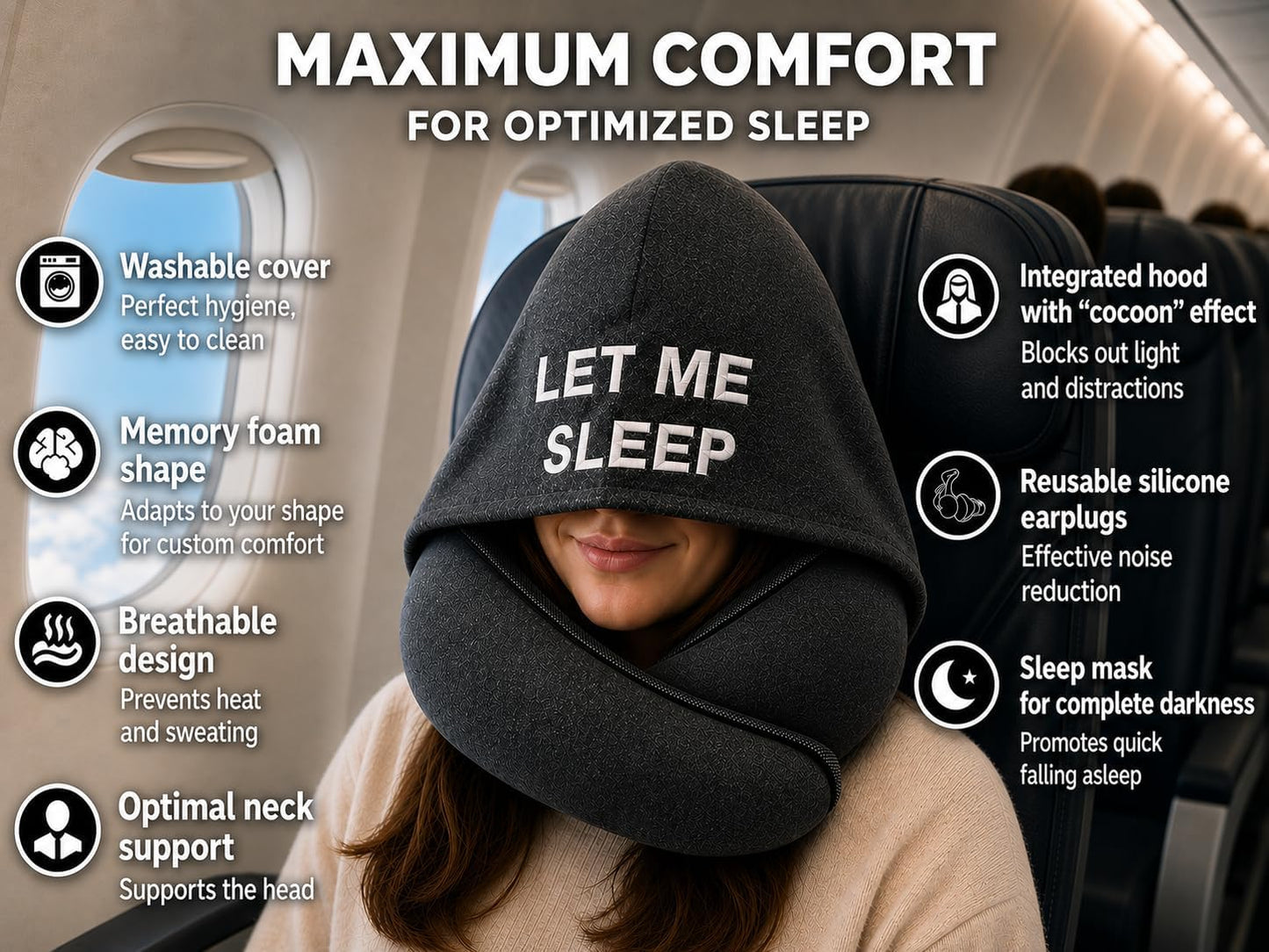 Sleepfly Travel Neck Pillow with Hood – 3-in-1 Travel Essentials Kit : Neck Pillow, Blackout Mask & Silicone Earplugs – Ergonomic Memory Foam Neck Support for Airplane, Car and Train