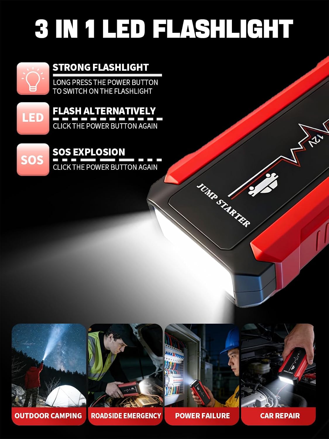 Car Battery Jump Starter,1200A Peak Portable Jumper Starter Battery Power Pack for 12V Gasoline Car,Portable Jump Box with 3Modes Flashlight and Jumper Cables CarStarter with LCD Display and LED Light