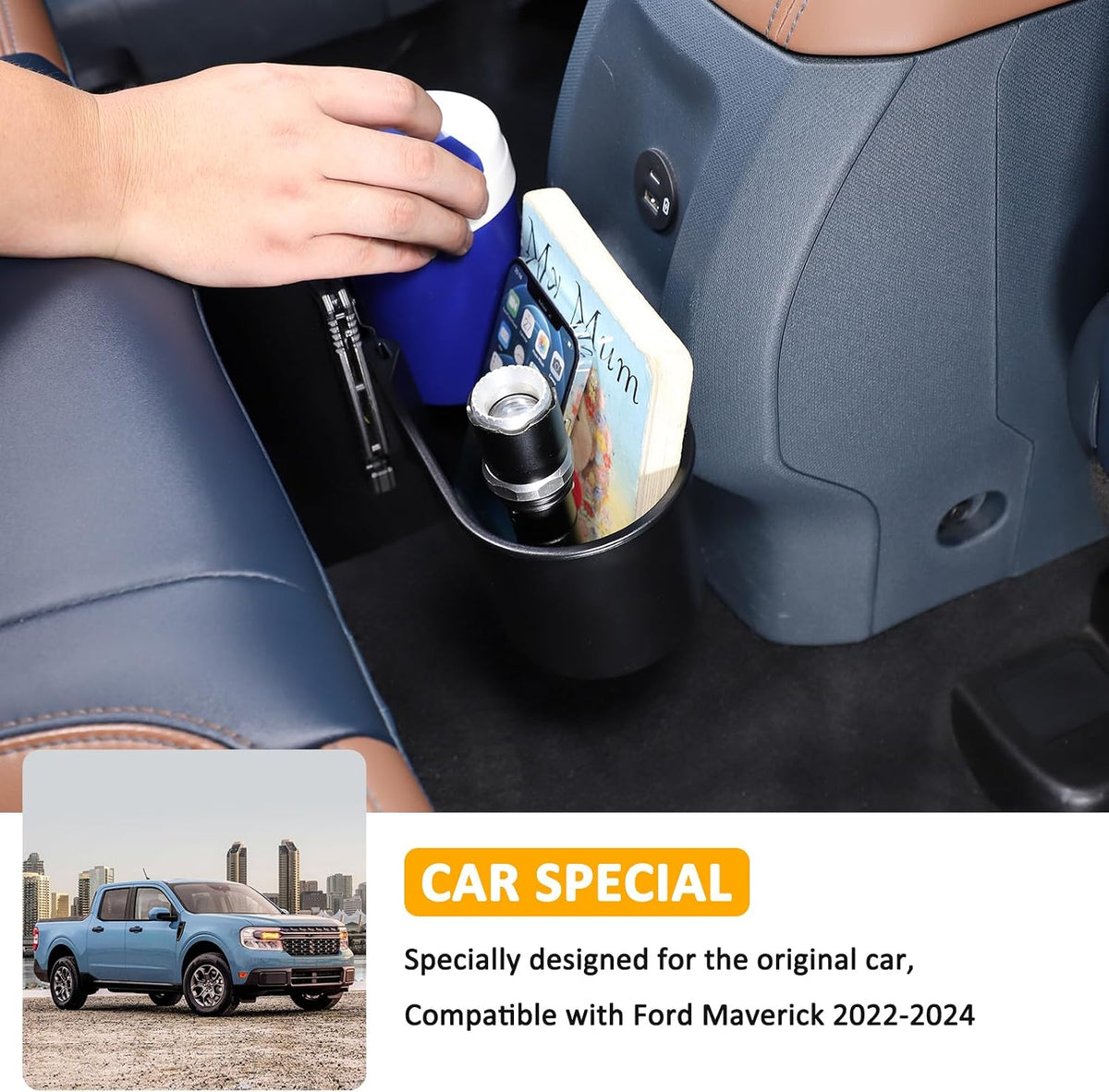 Daeiclru Rear Cup Holder Expander Organizer Compatible with Ford Maverick 2022-2024, Rear Seat Expansion Storage Box Car Drink Holder Cup Holder Insert Removable FITS Slot Accessories