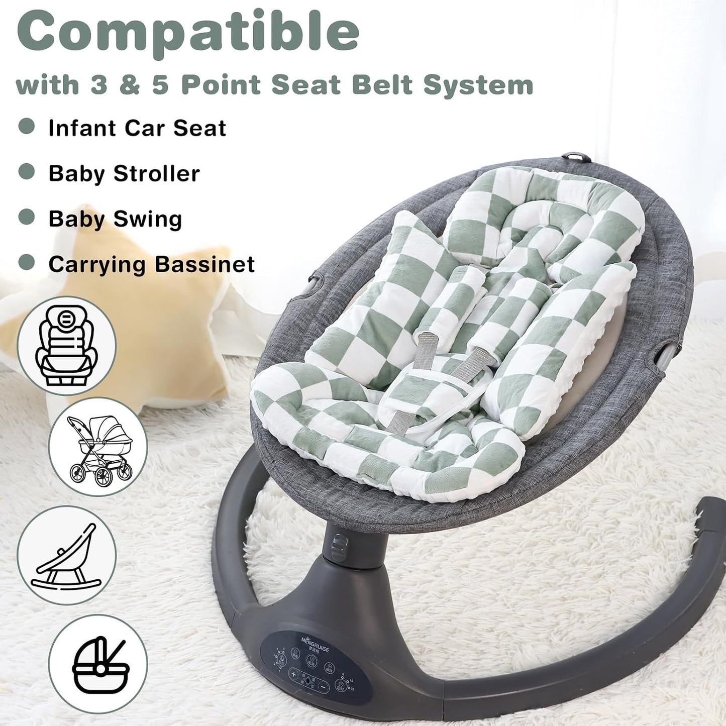 DILIMI Infant Car Seat Insert, Baby Car Seat Head Support with 3 Strap Paddings, Soft Newborn Car Seat Cushion for Stroller, Swing, Bouncers, Green Checkered