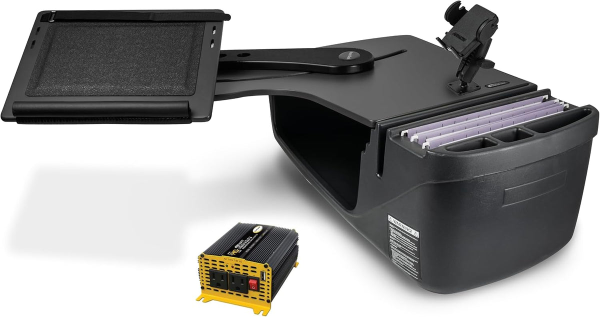 AutoExec Reach Desk Back Seat Car Desk for Your Vehicle Workstation and Mobile Office, Black, with 400 watt Power Inverter and Phone Mount