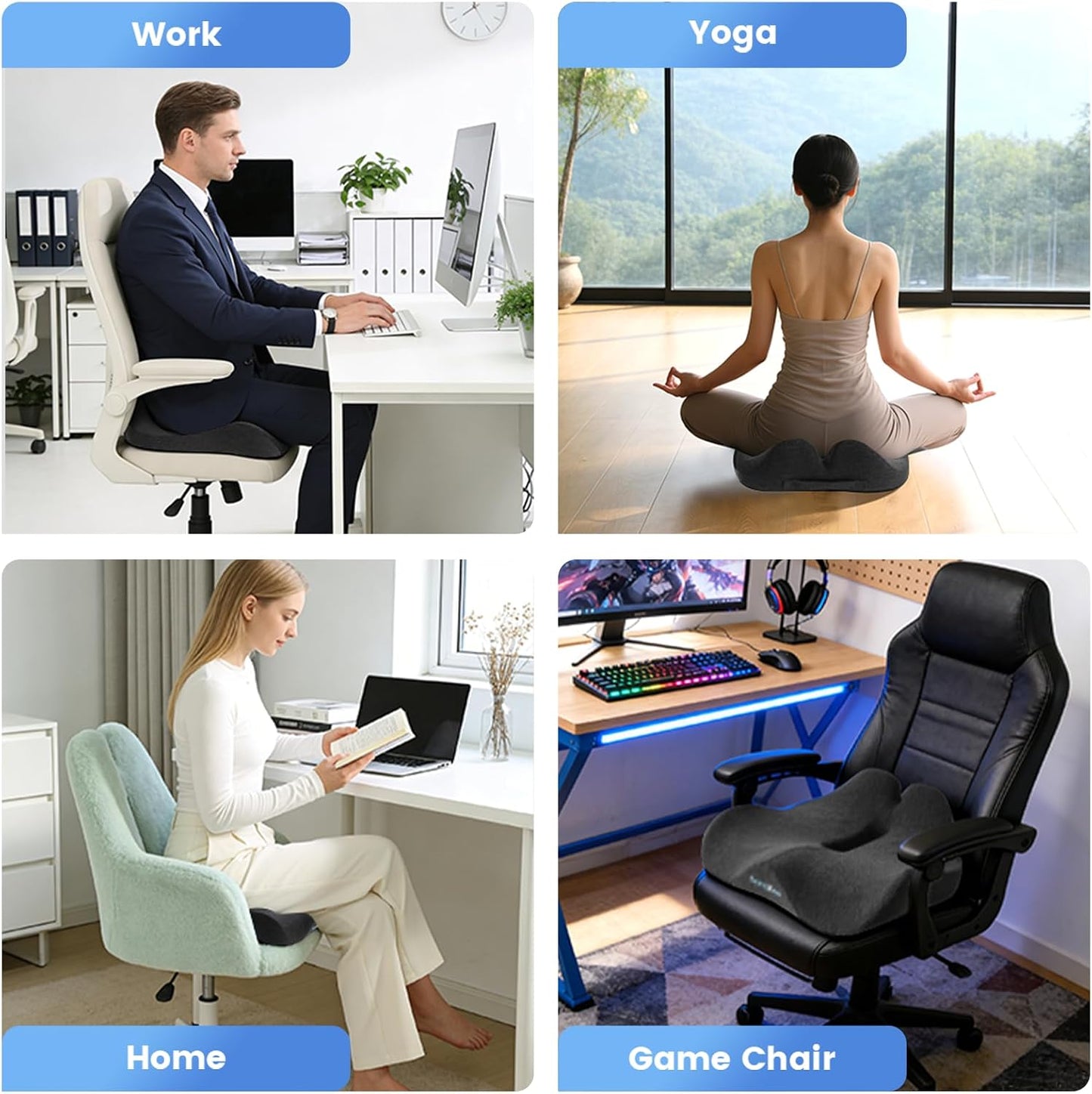 18x16 Inch Memory Foam Seat Cushion for Office, Car, Travel | Grey Chair Cushions with Removable Cover, Non-Slip Bottom and Carry Handle