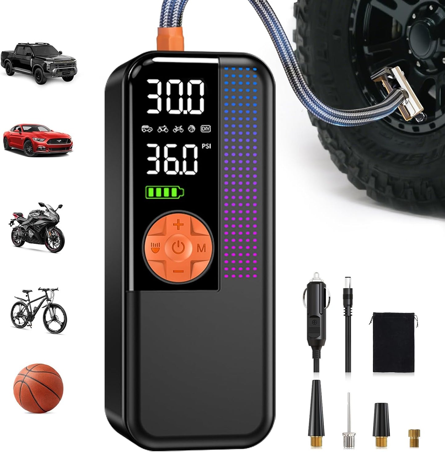 WEOLULI Tire Inflator Portable Air Compressor,150 PSI Cordless Air Pump, 12V DC Car Plug,Dual Power 10000mAh, Fast Inflation 24L/Min, 4 Preset Modes for Car, Bike, Motorcycle, Balls(Orange, 10000mAh)
