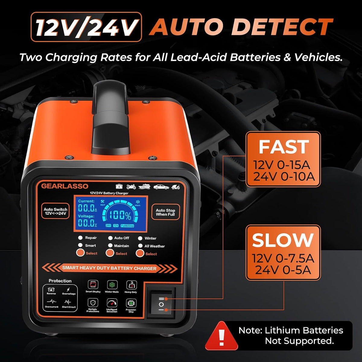 12V 24V Car Battery Charger, Automatic Battery Maintainer