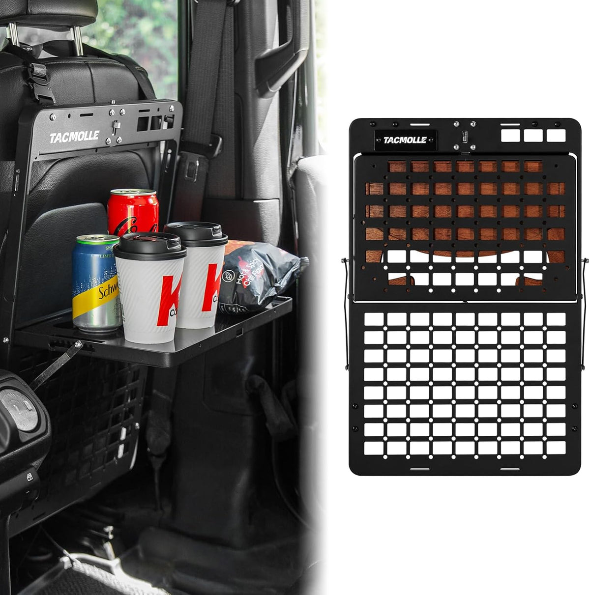 Car Back Seat Organizer, Tactical Rigid MOLLE Panel with Food Tray