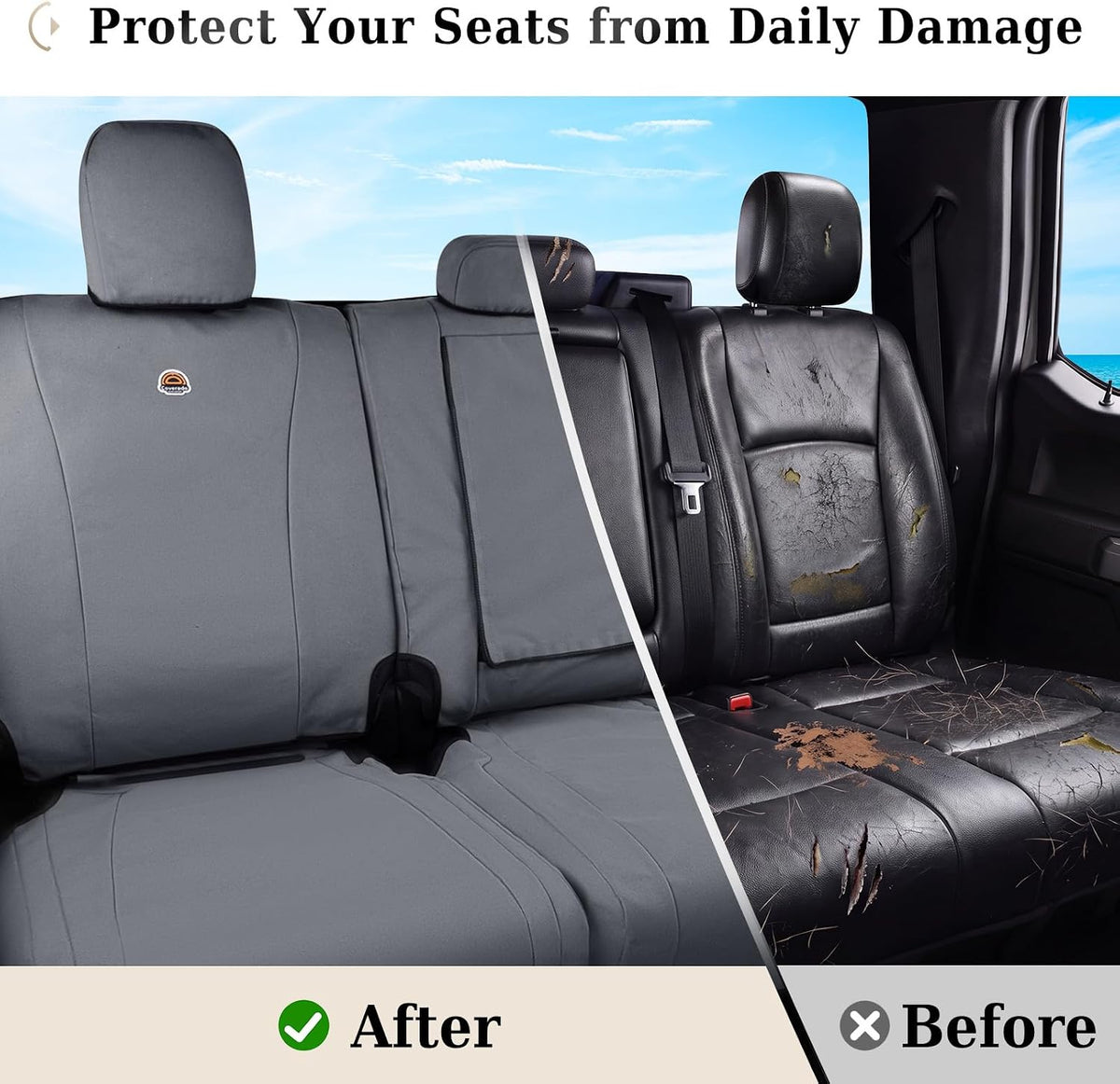 Coverado Rear Car Seat Covers, Waterproof Canvas Seat Protector for Car Seat Cushions for Kids & Dogs, Seat Covers Compatible with 2015-2026 Ford F150&2017-2026 Ford F250 F350 F450(Gray, 2PCS)