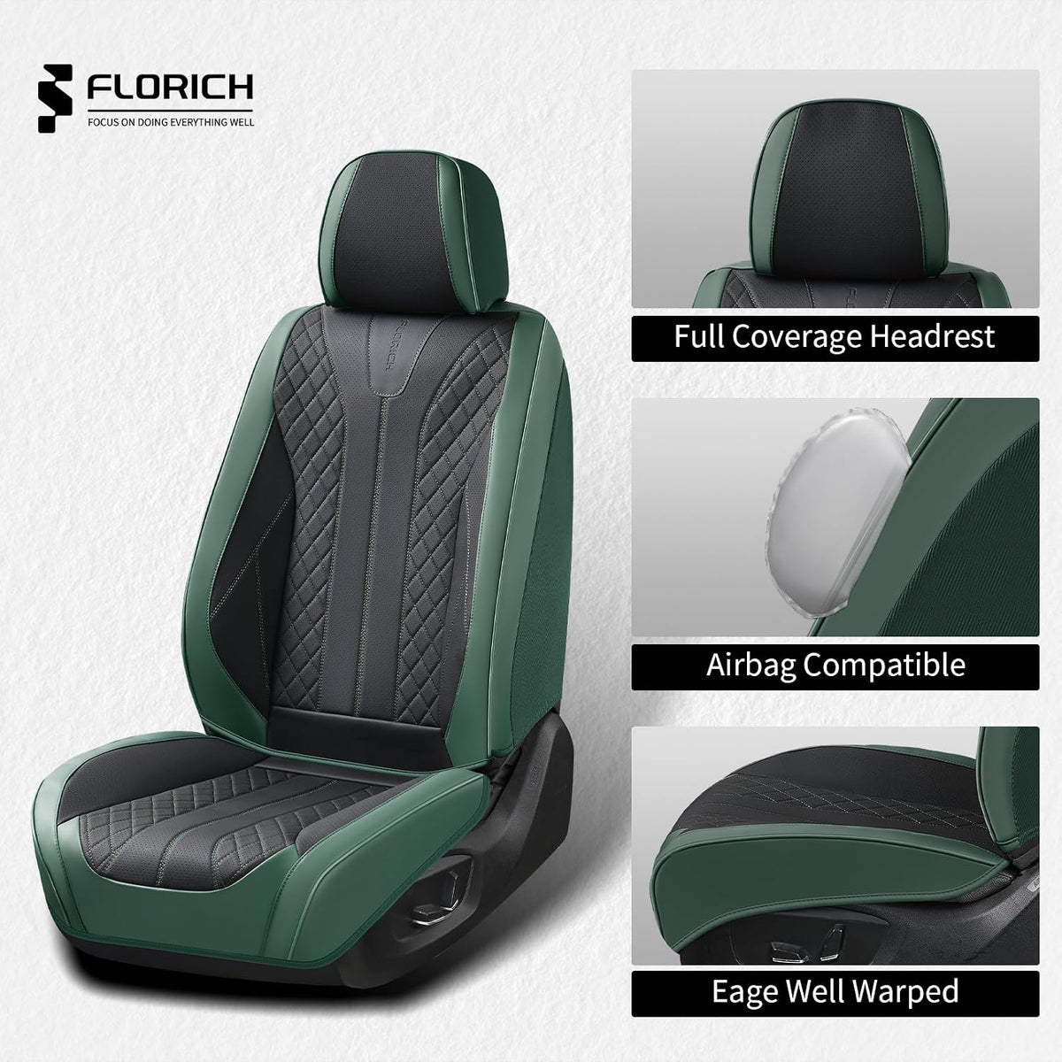 FLORICH Leather Seat Covers Full Set Automotive Car Seat Cover Front and Back Waterproof Auto Seat Covers Full Coverage Car Seat Protector Cushion Universal Fit for Most Cars SUV Trucks, Black&Green