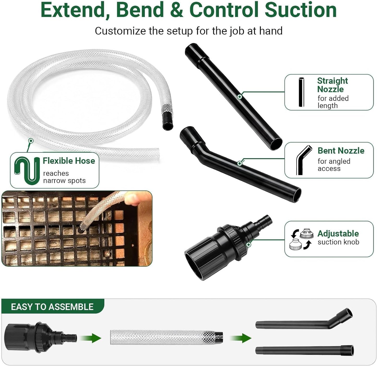 EZ SPARES Crevice Attachment Kit, Compatible with 1-1/4 Inch Vacuum,Micro Cleaning Tools for Keyboard, Crevice, Car, Vents & Tight Spaces, Woodworking,Pet Cleaning, with Storage Bag+Boost Suction