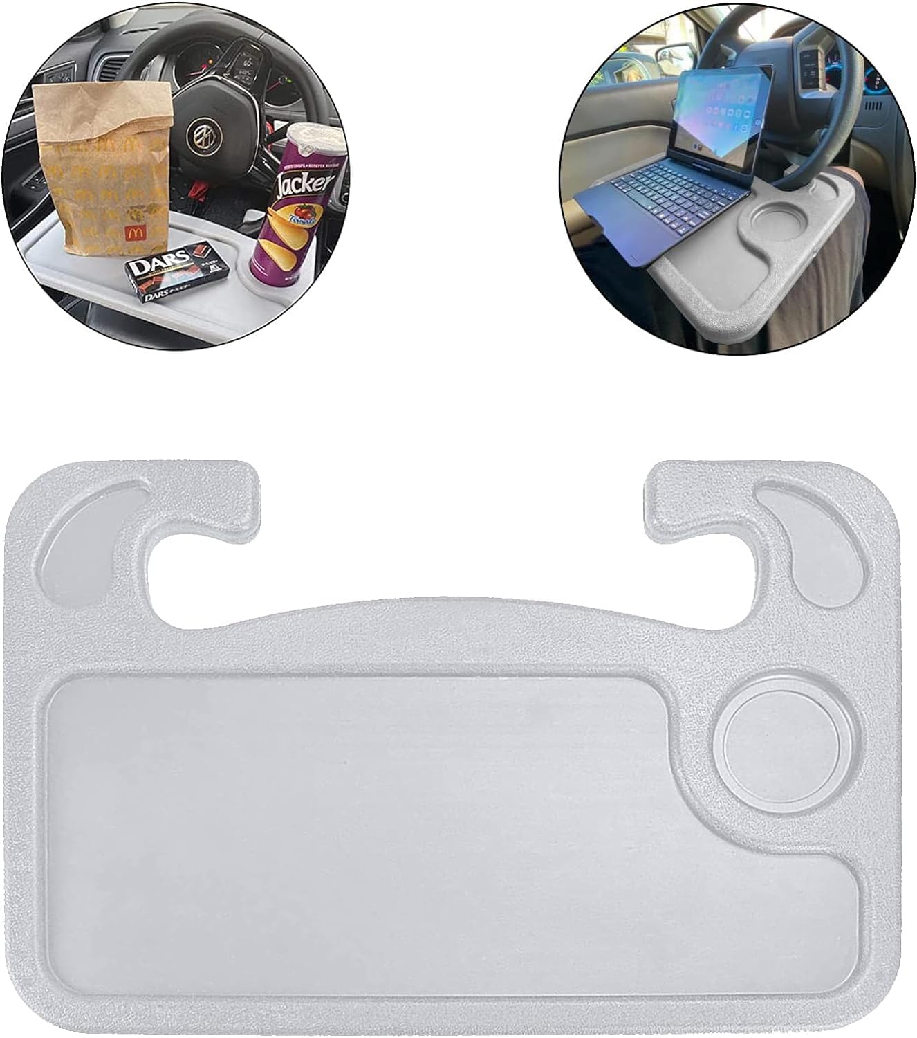 JUSTTOP 4 In 1 Car Steering Wheel Desk for Laptop,Versatile Upgraded Car Seat Tray, Spacious Steering Wheel Table With Tablet Holder and Dual Sauce Racks,Steering Wheel Under Table Console (Large)