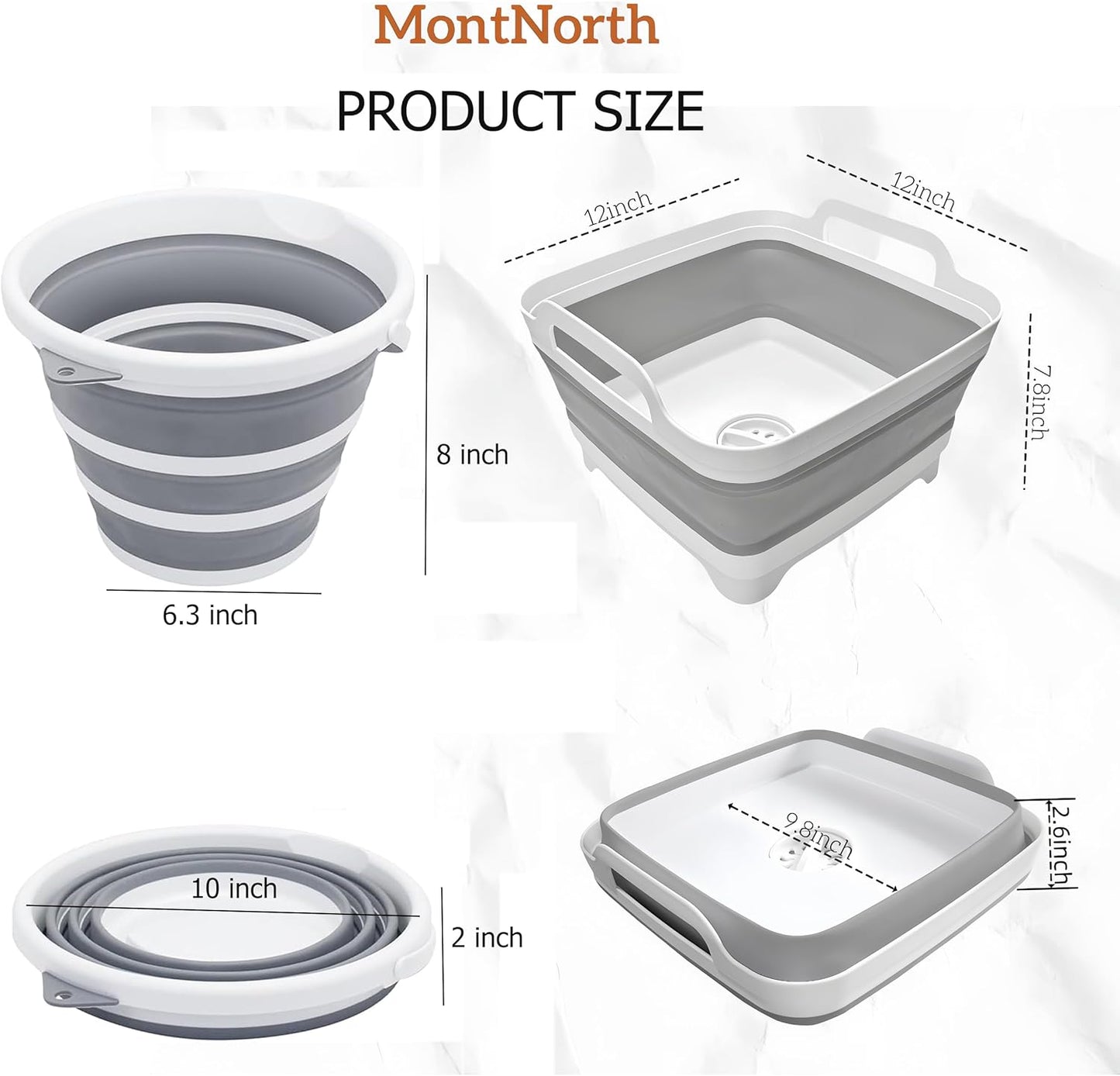 MontNorth Collapsible Basin Bucket,9L Collapsible Dishpan with Drain Plug for Kitchen Sink,5L Portable Foldable Small Plastic Water Supplies for Outdoor Garden Camping Fishing Car Wash(Sets of 2)