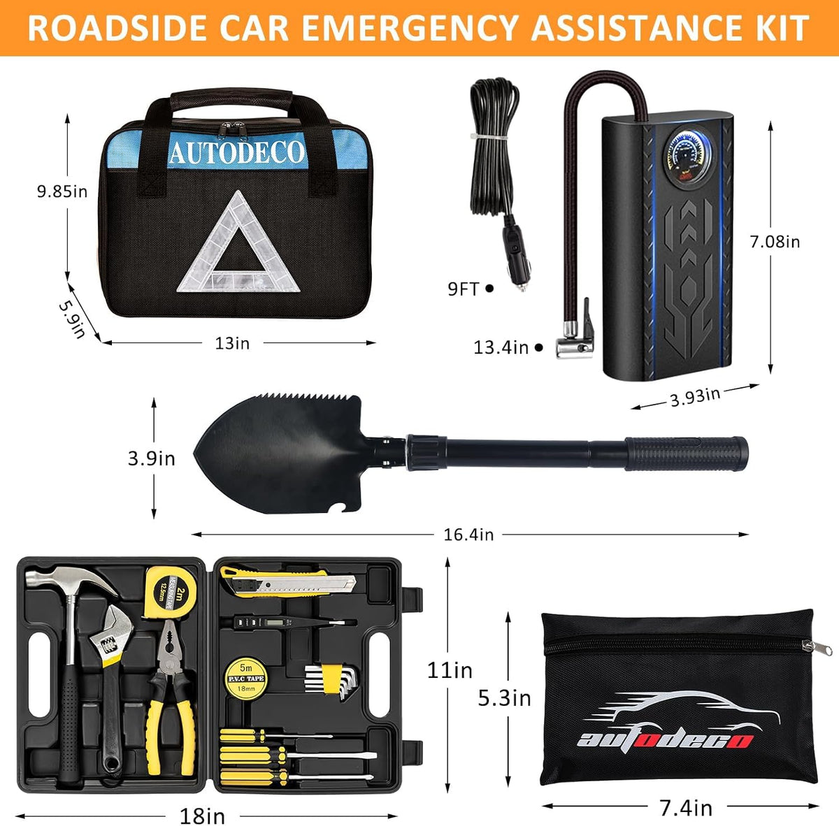 105 PCS Roadside Car Emergency Assistance Kit with Portable Air Compressor Jumper Cables