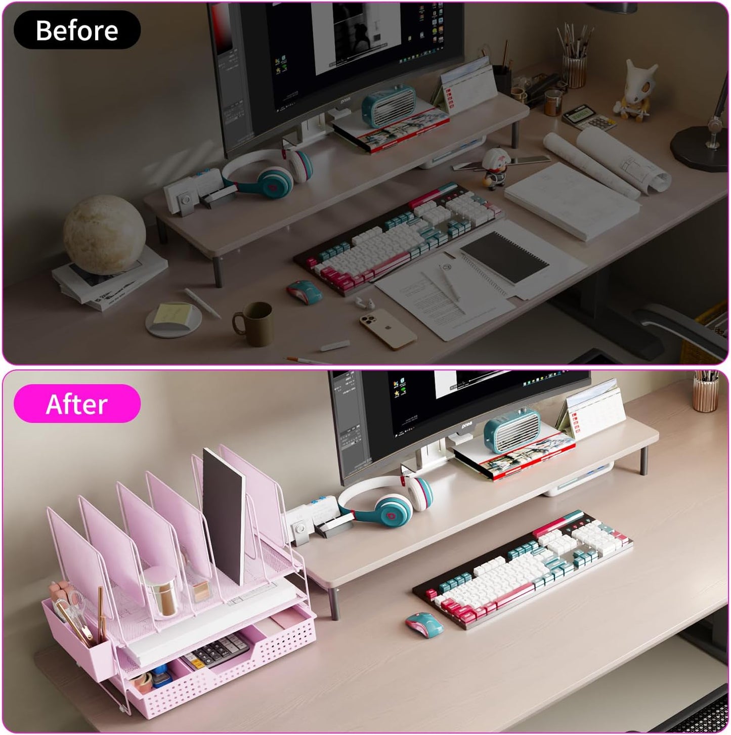 LEKETREE Pink Desk Organizer, Office Organization with Vertical File Holder, File Organizer with Drawer and Pen Holder, Desk Accessories and Workspace Organizers for Home Office (Pink)