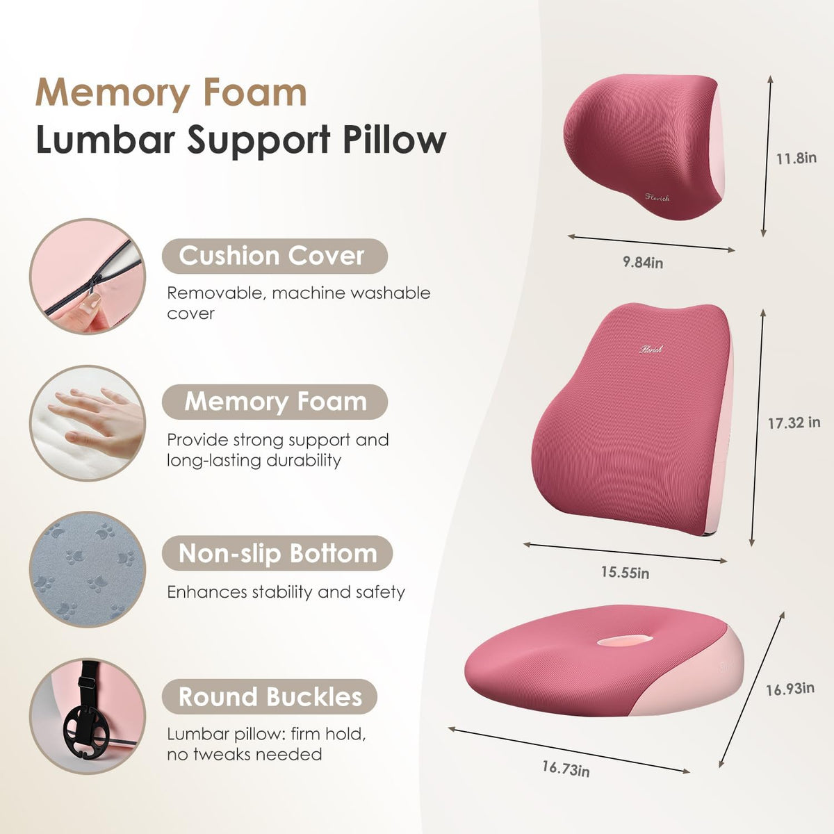 FLORICH Car Seat Cushion & Lumbar Support Pillow & Car Neck Pillow, Ergonomic Memory Foam Driving Seat Cushions for Back & Sciatica Pain Relief, Non-Slip Cushion for Car, Office Chair,Wheelchair-Pink