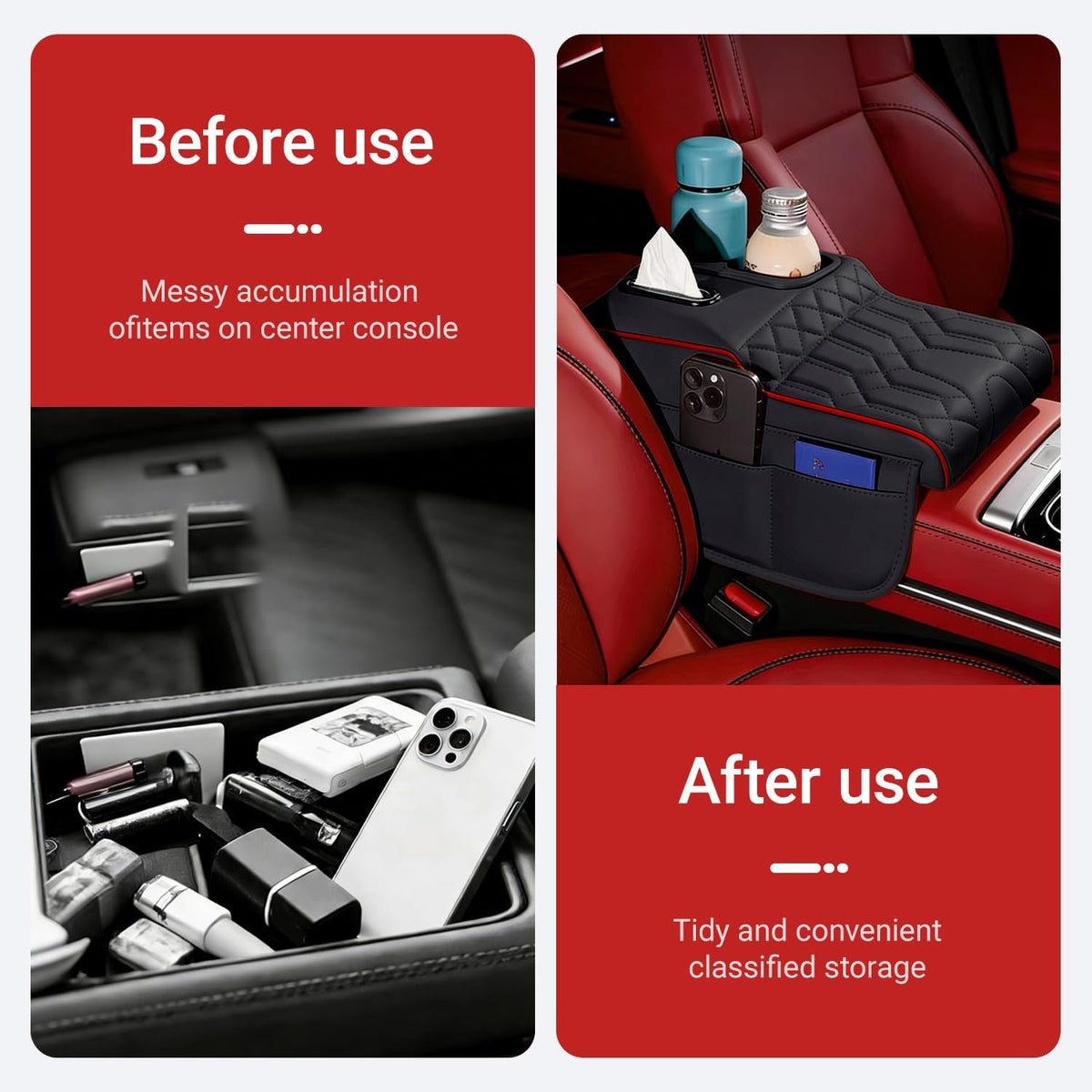Upgraded Car Center Console Cover,PU Leather Car Armrest Cover Cushion Contains High Elasticity Sponge with Cup Holder,2 Storage Bags Tissue Box (Black-B)