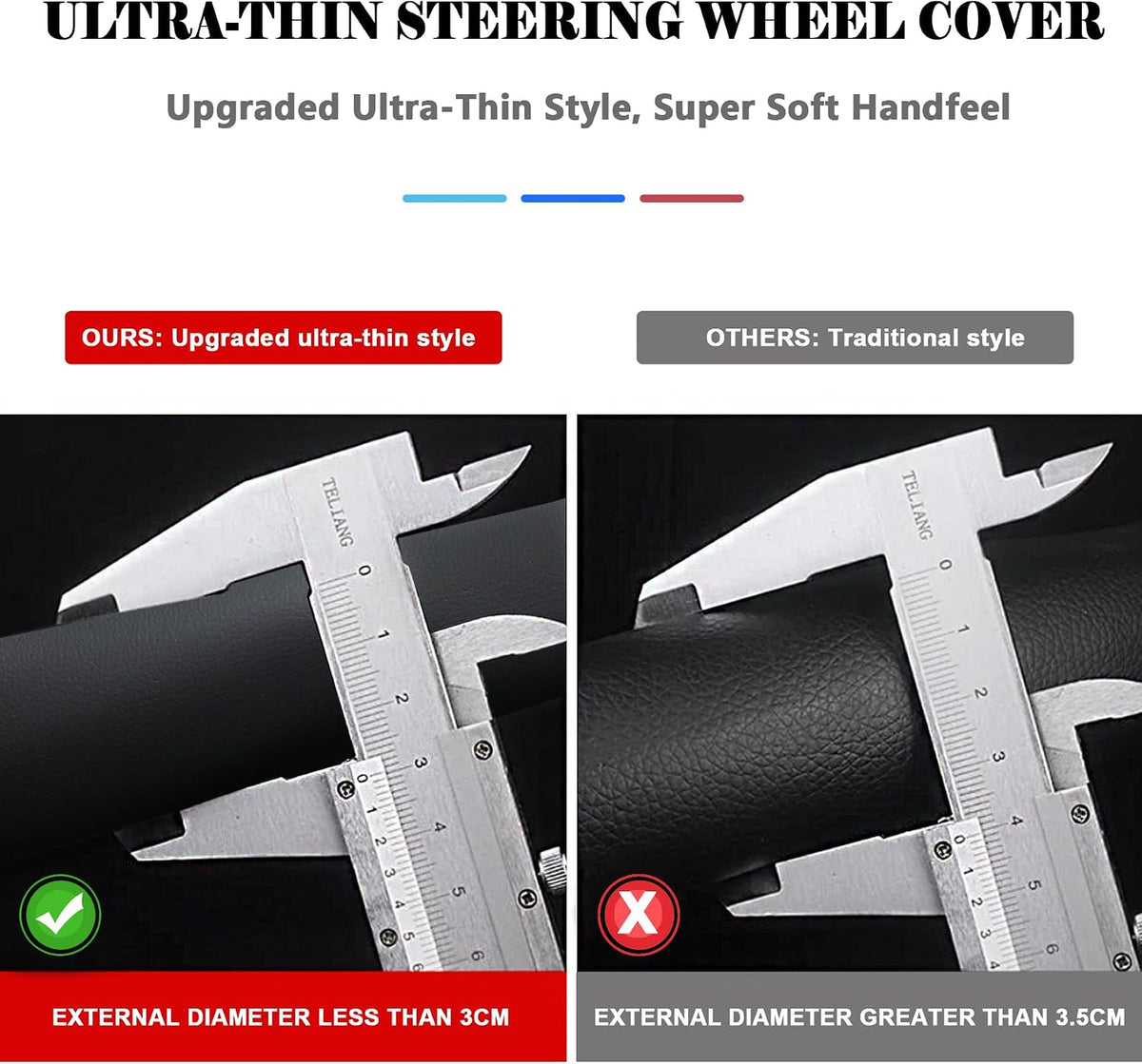 West Llama Thin Slim Car Steering Wheel Cover, Universal 14.5-15 inch Nappa Leather Steering Wheel Cover, Ultra Thin, Anti-Slip, Breathable(Black-Standard Size)