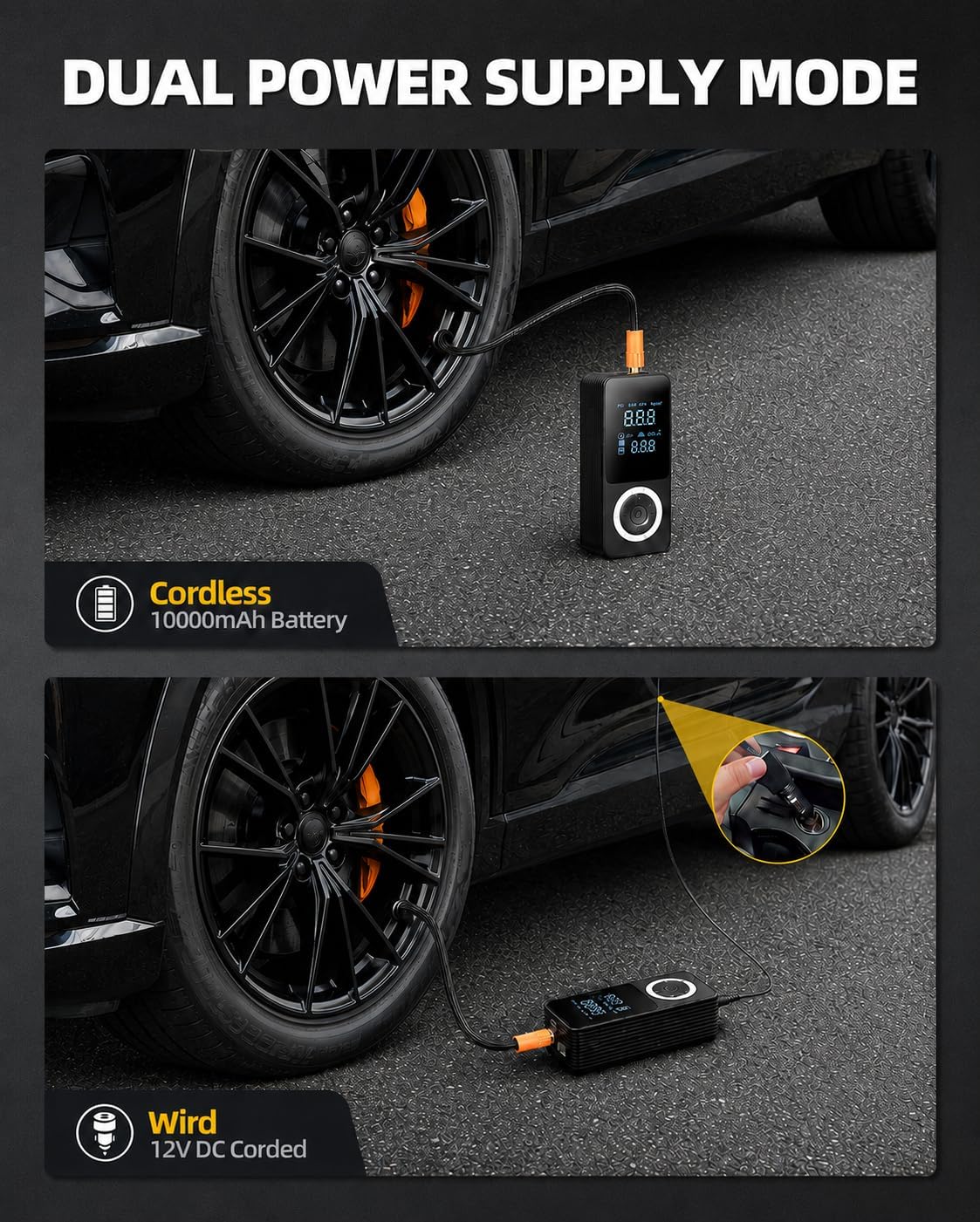 2026 Upgraded Tire Inflator Portable Air Compressor with 3X Fast Inflation, Auto Shut-off, LED Light, Type-C Charge, Long Runtime, 12V Car Power Adapter, Storage Box