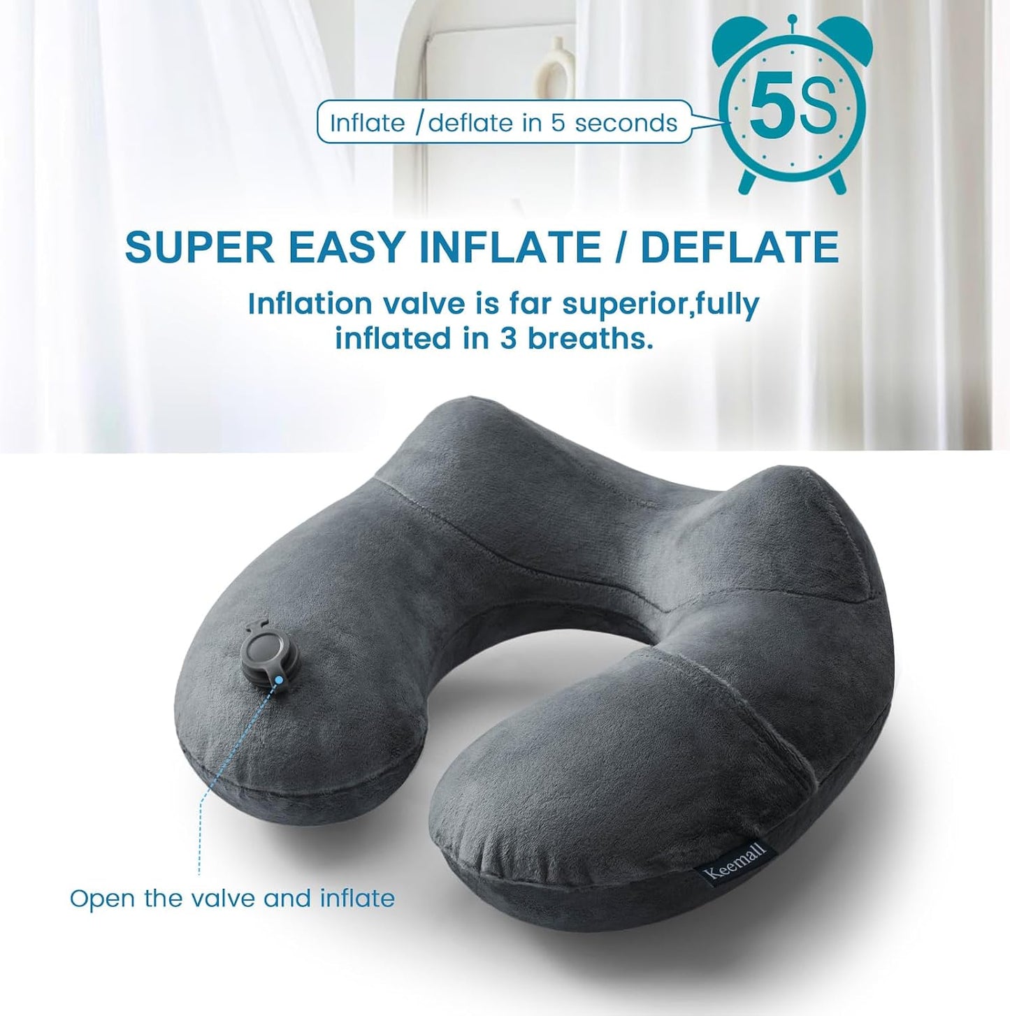 Keemall Inflatable Travel Pillows for Airplanes, Easy Blow Up Inflatable Travel Neck Pillows for Air Travel Sleeping Long Flight, Comfort Travel Air Pillows for Car Train Office Nap Camping