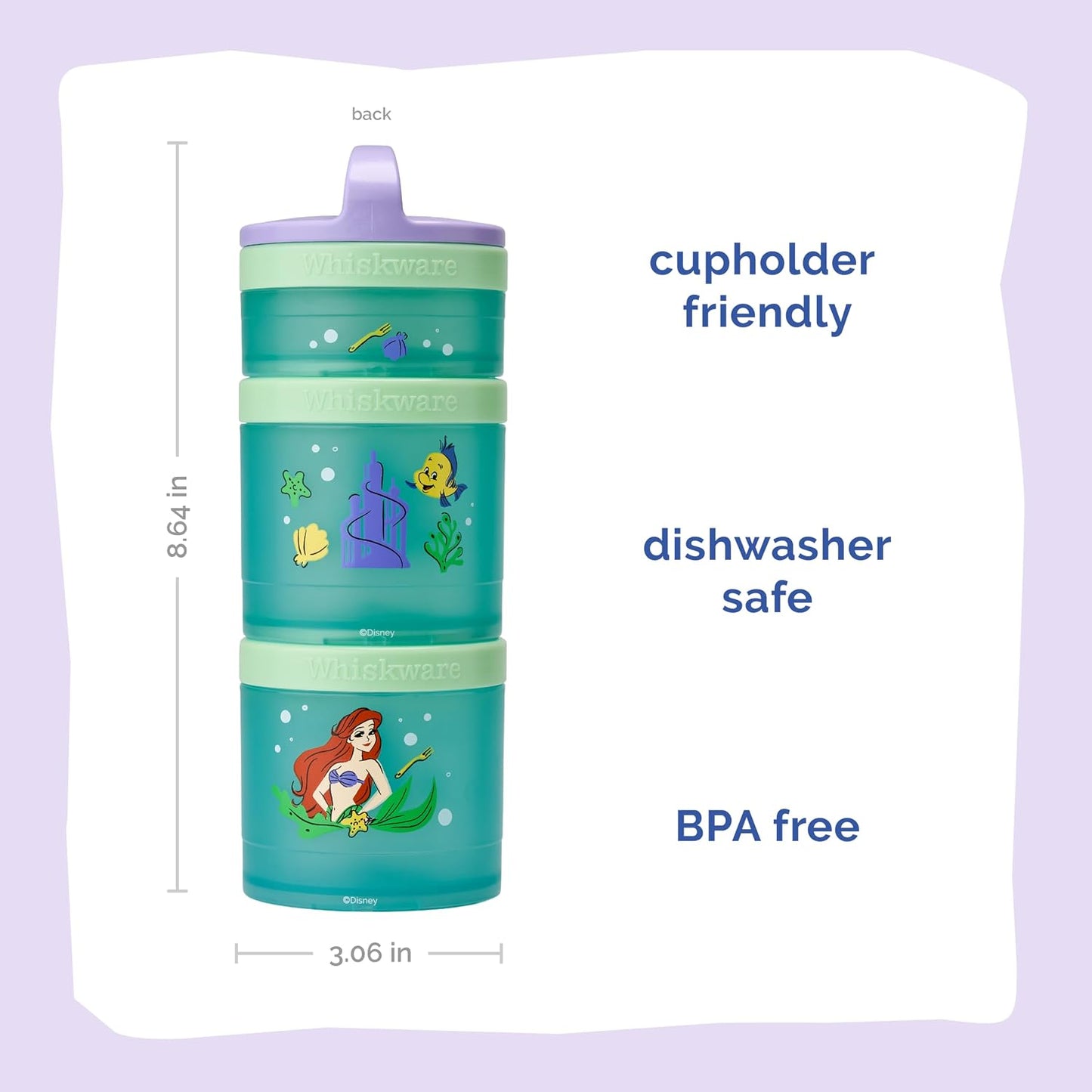 Whiskware Disney Princess Stackable Snack Containers for Kids, 3 Stackable Snack Cups for School and Travel, Ariel and Flounder