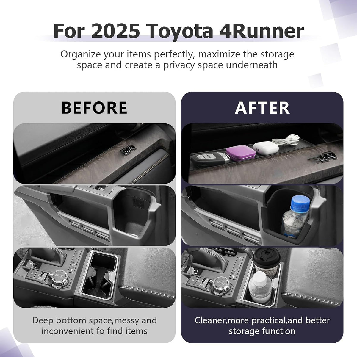 LUWU 2025 4Runner Accessories Compatible with 2025 Toyota 4Runner Center Console Cup Holder, Rear Seat Door Side Silicone Cup Holder, Passenger Side Storage Box Black 3-Pack
