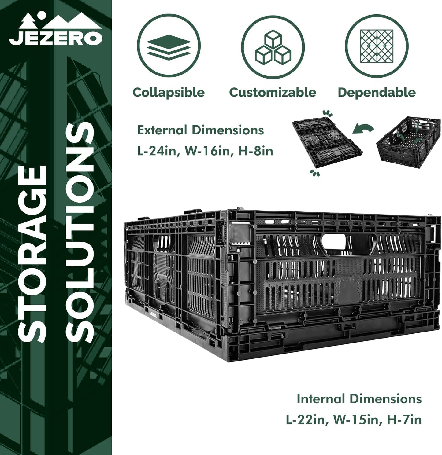 JEZERO Medium Collapsible Plastic Storage Crate – Stackable Utility Bin with Folding Walls for Garage, Closet, Car Trunk, and Home Organization | Black, 24" x 16" x 8"