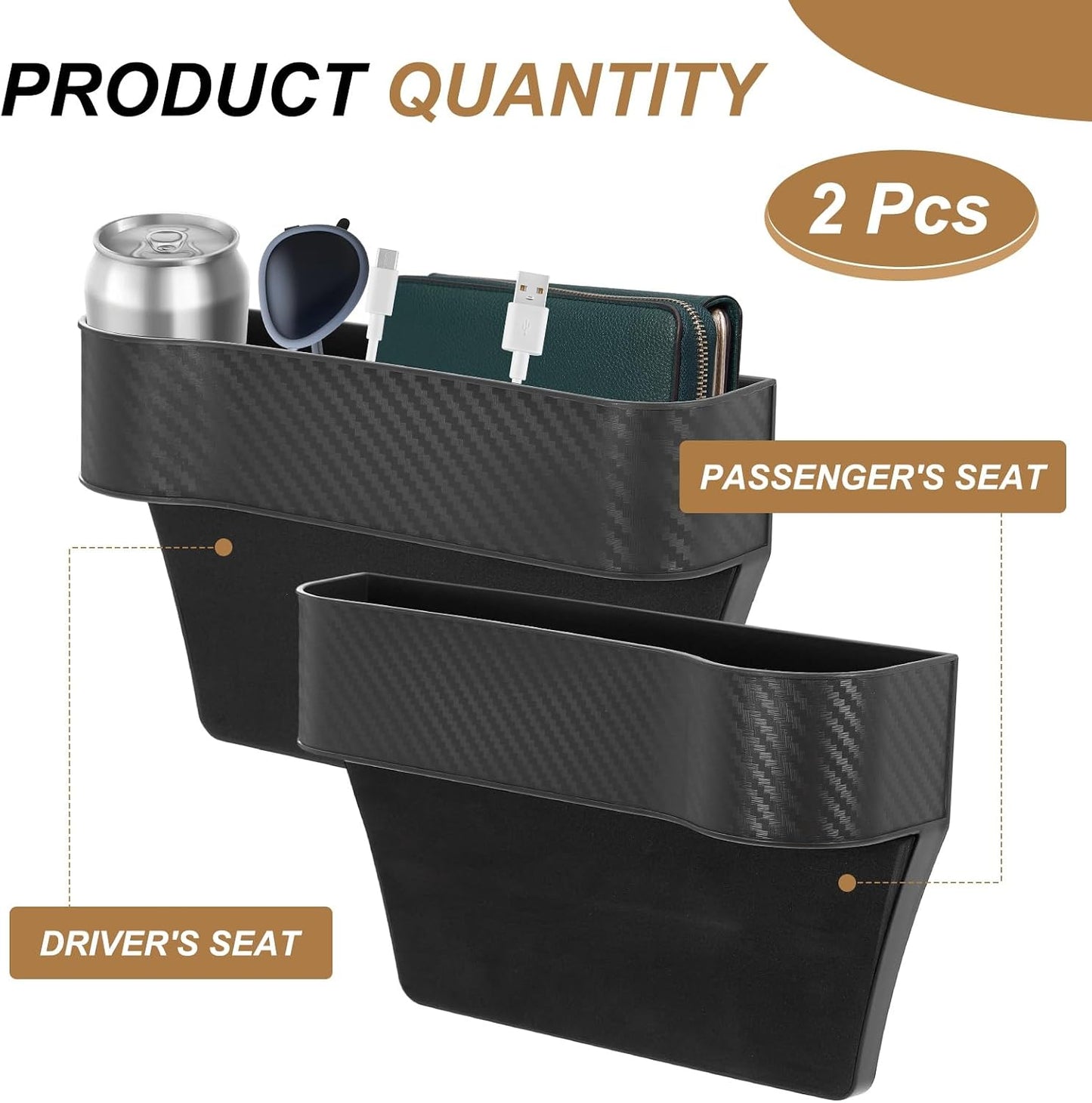 HARFINGTON 2pcs Car Seat Gap Filler Organizer 10.2 x 6.5 x 2.8 Inch PP Universal Car Organizer Storage Box Between Seat and Console (Left+Right) with Cup Holders for Phone Keys, Black