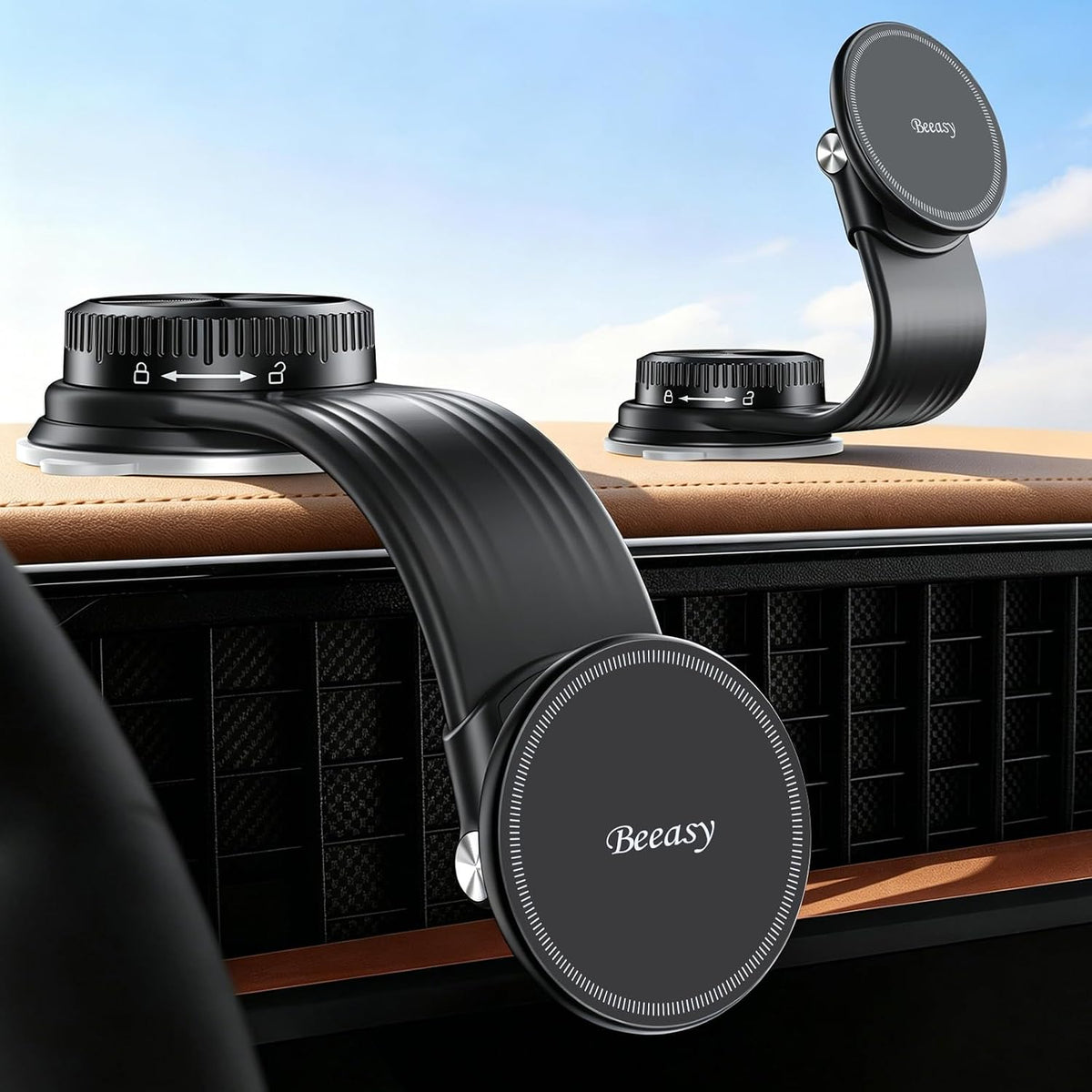 Beeasy for MagSafe Car Mount, 360 Adjustable Bendable Memory Alloy Arm, Magnetic Phone Holder with Vacuum Suction Cup, Dashboard Phone Mount for Tesla, iPhone, Samsung & All Smartphones