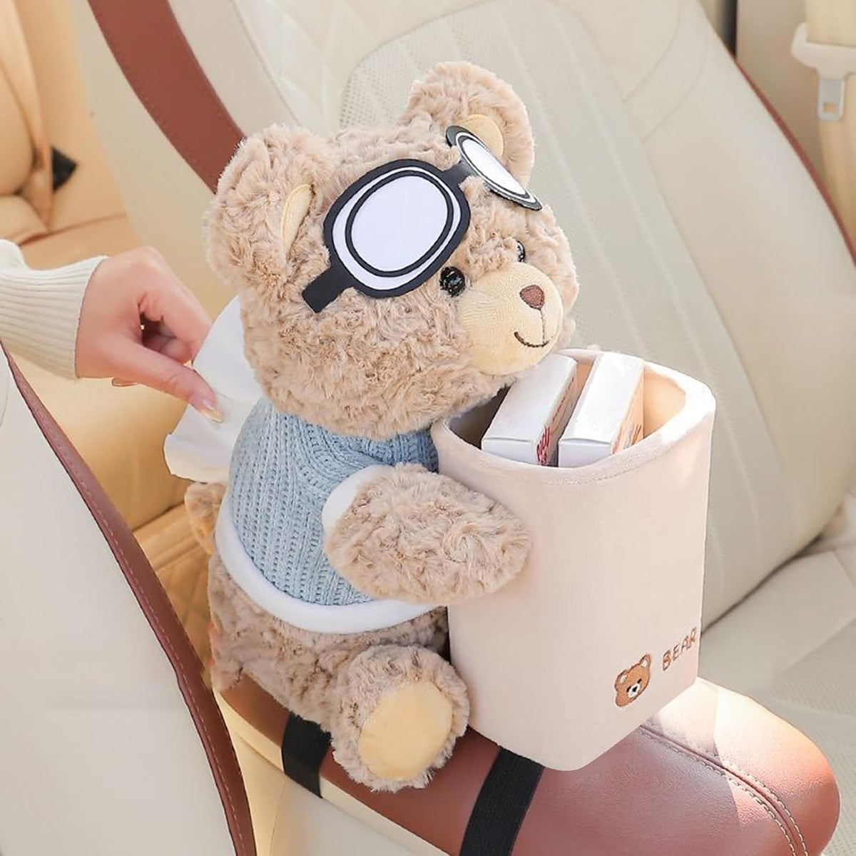 Bear Tissue Holder for Car | Cute Plush Bear Tissue Box Holder & Trash Can with Waterproof Liner | Multi Functional Trash Storage Box, for Armrest Bathroom Sofa