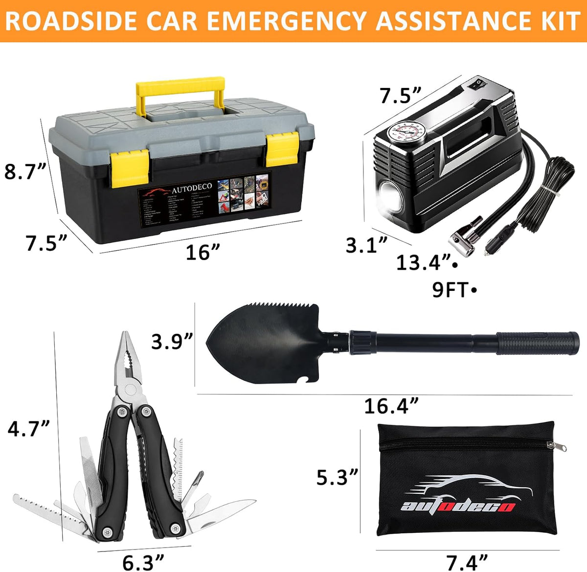 98 PCS Roadside Car Emergency Assistance Kit with Portable Air Compressor Jumper Cables Safety Hammer All in One Pliers Tool Set（Black）