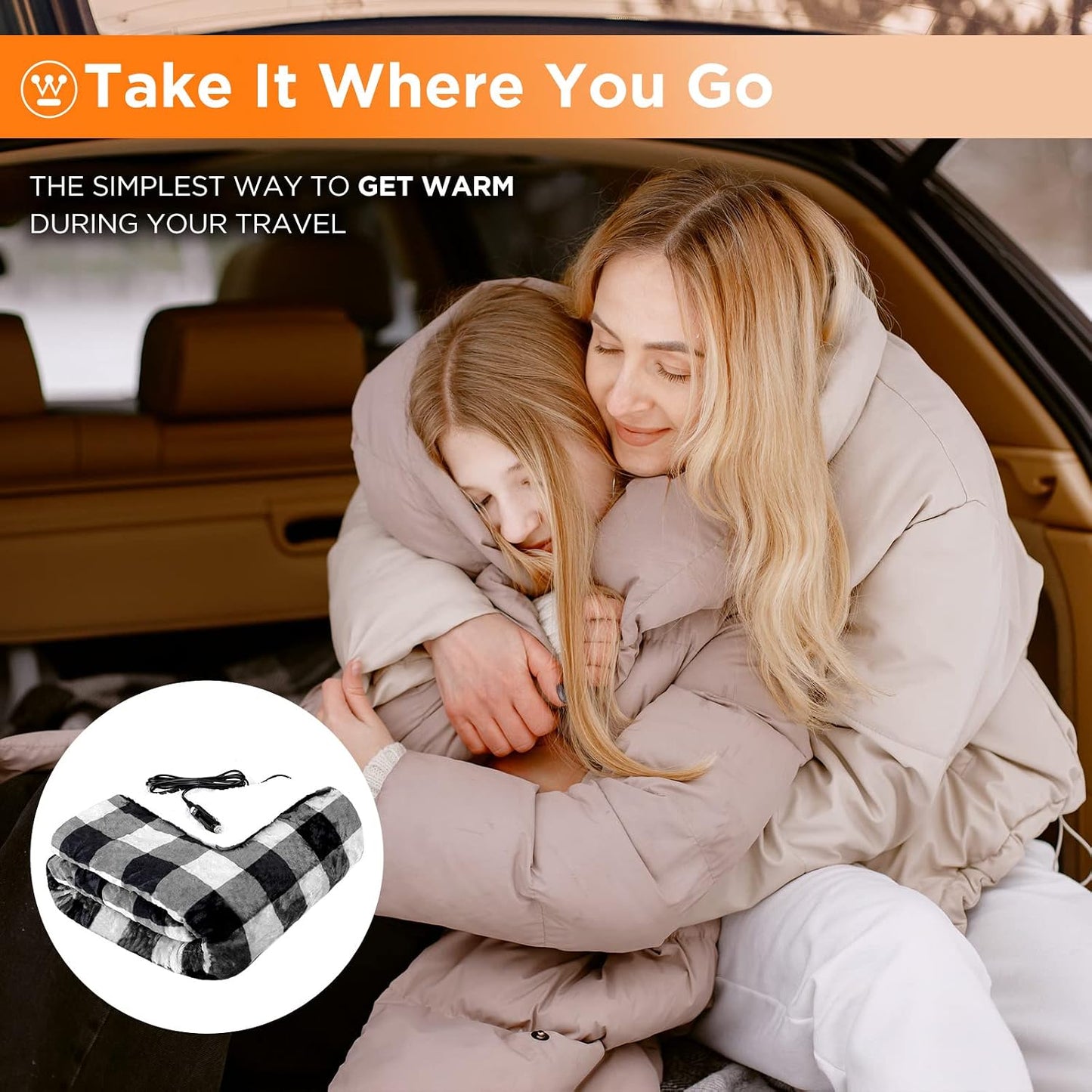 Westinghouse Heated Car Blanket, 12-Volt Electric Blanket for Car, Truck, SUV, RV, Portable Heated Throw for Camping, Grey Buffalo Plaid, 59" x 43”