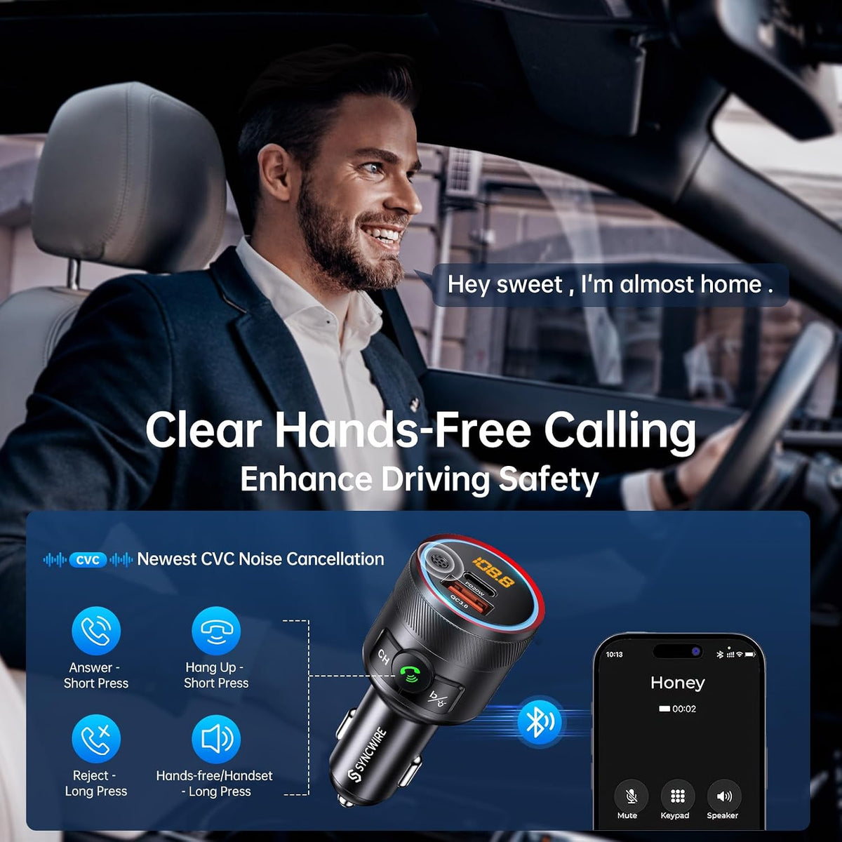 Syncwire Bluetooth 5.4 Car Adapter 38W FM Transmitter Hands Free Calls