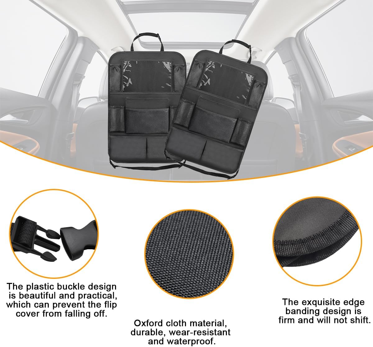 2PCS Car Seat Back Organizer, Waterproof Vehicle Storage Bag with Touch Screen Tablet Holder & 9 Pockets, Auto Kick Mats Back Seat Protector for Kids, Universal Travel Accessories (Gray/Large)