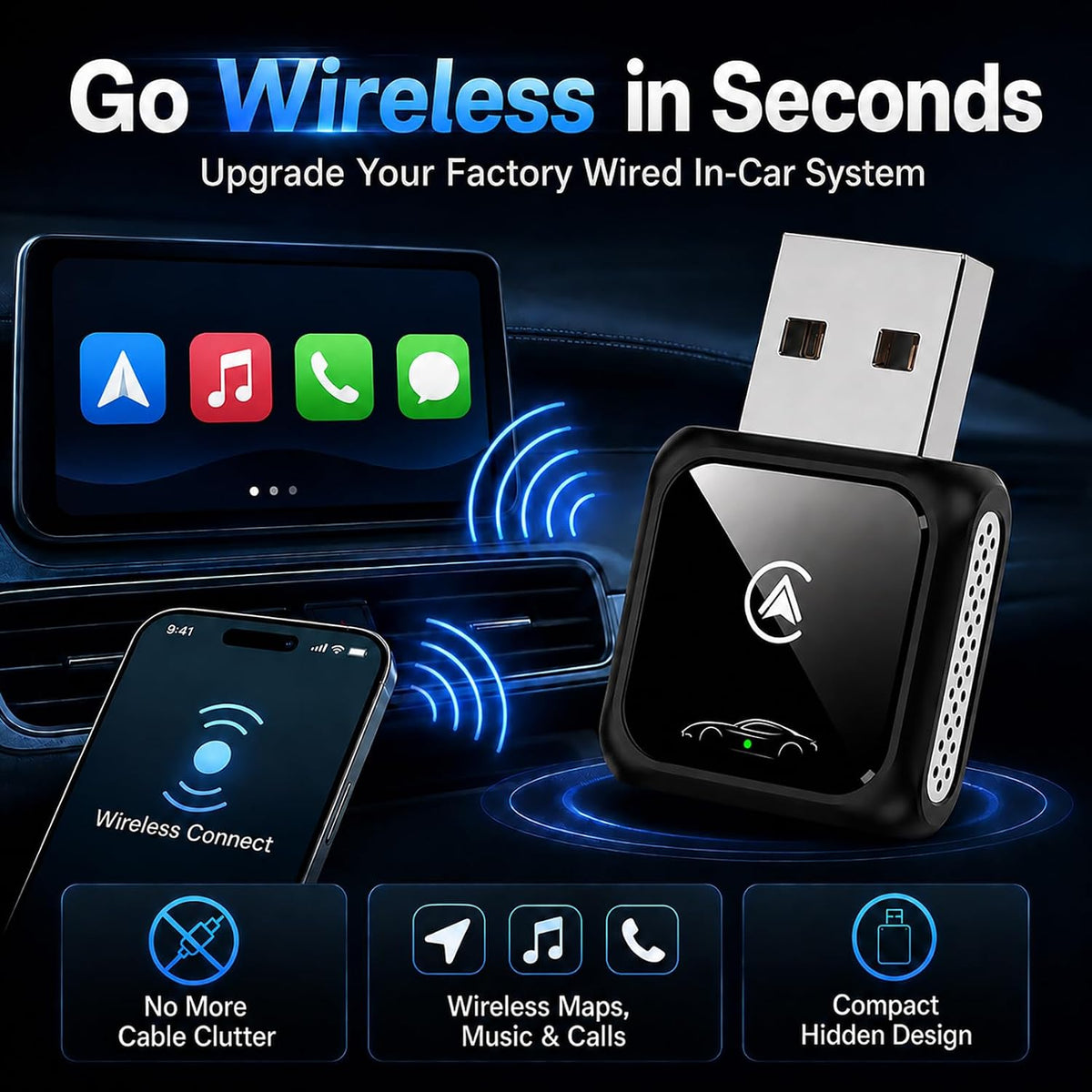Wireless Carplay Adapter for Android Auto and Apple Car Accessories Bluetooth Audio Video Dongle Linker USB with iPhone 2026 TV Watch 2 in 1 Compact Mini Smart Type C Connect Hidden