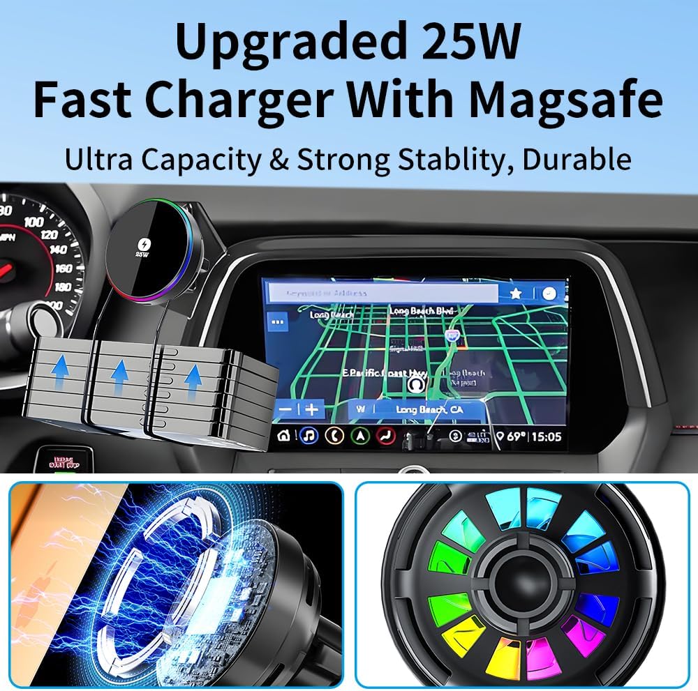 Qi2.2 Max 25W Fast Wireless Car Charger Phone Holder for Chevrolet Chevy Camaro 2016 2017 2018 2019 2020 2021 2022 2023 2024 Auto Accessories Magnetic Cell Phones Mount Compatible with MagSafe