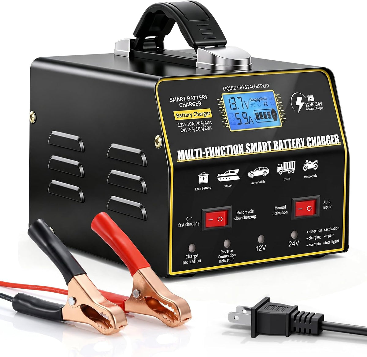 Smart Battery Charger 12V/24V Auto-Trickle Charger for Car, Truck, Motorcycle,Lawn Mower, Boat, Pulse Repair, 6-Stage Protection
