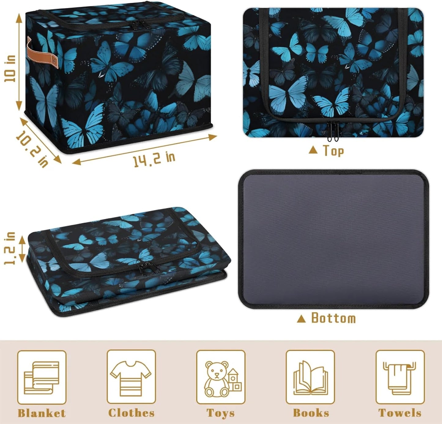 Blue Butterfly Storage Bins With Zipper Lid, Collapsible Trunk Organizer, Car Organizers and Storage Bins with Lids, Decorative Storage Boxes with Handle, Home Storage Baskets for Organizing