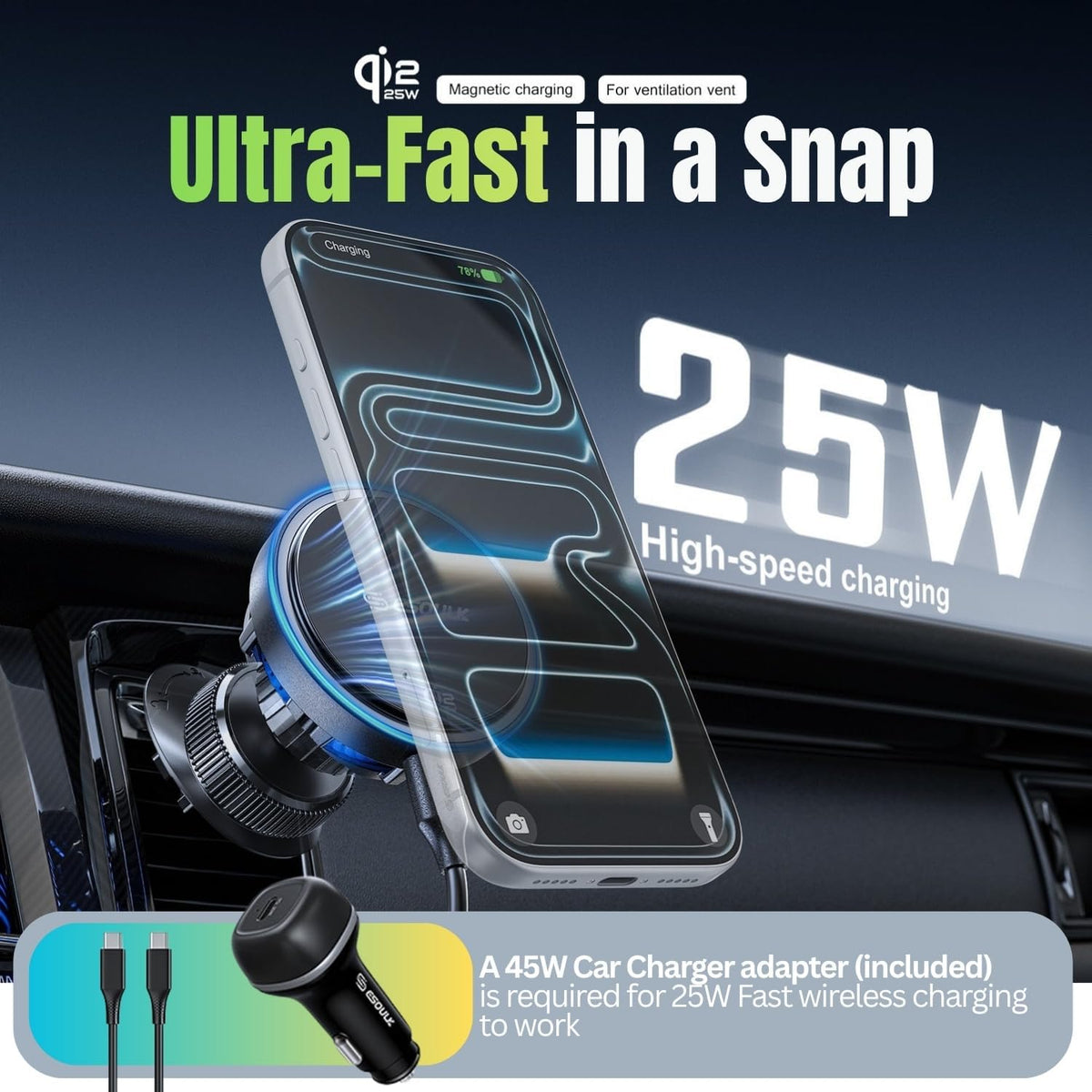 25W Cooling Magnetic Wireless Charger Air Vent Phone Mount for Car