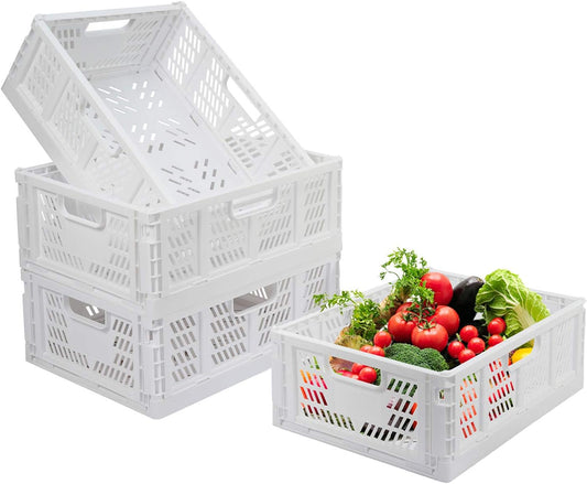 4-Pack Folding Storage Boxes Crate Collapsible Plastic Drawer Organizer , Stackable Shelf Storage Basket Food Fruit Vegetables Bottles Toy Organiser Baskets for Home Office Bedroom Kitchen -White