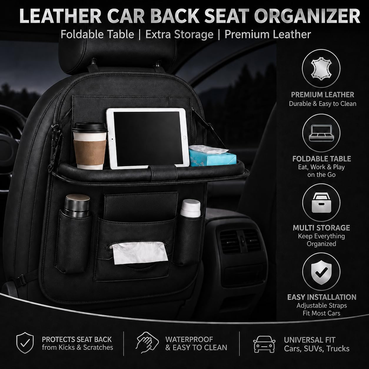2 Pack Leather Look Car Backseat Organizer with Tablet Holder, Foldable Tray, 8 Storage Pockets, Cup Holder, Tissue and Umbrella Slots, Seat Back Protector Kick Mat for Cars SUVs Trucks