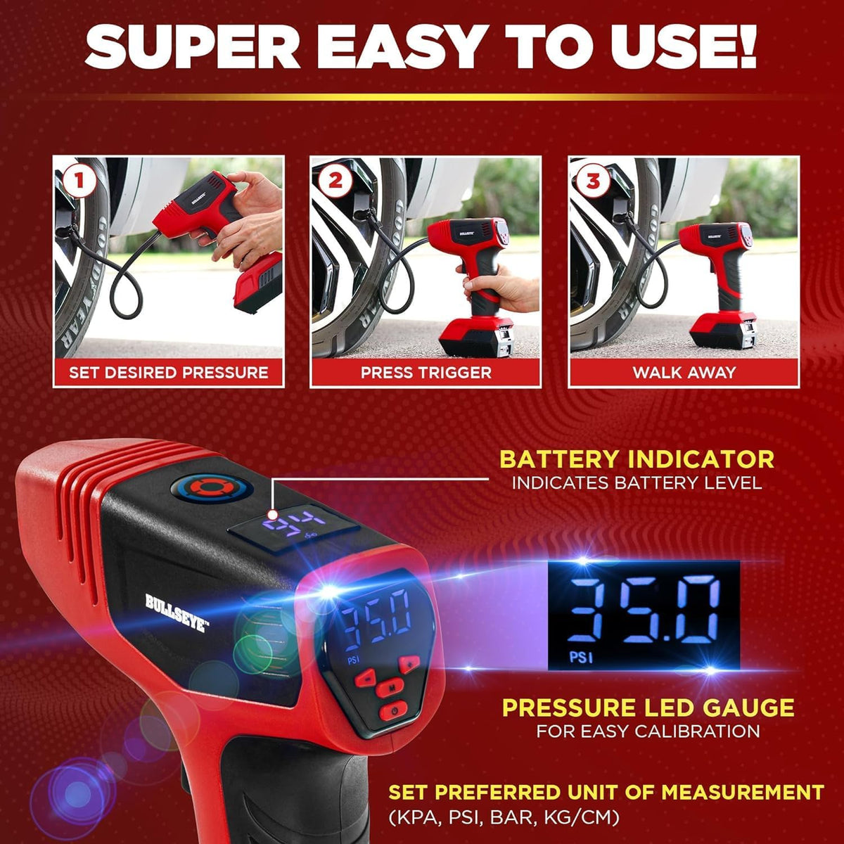 Bullseye Pro Automatic Digital Tire Inflator 150 PSI Max w/Gauge Display Screen & Pre-Set Pressure in KPA, PSI, BAR, kg/cm, Built-in LED Lights, Rechargeable, Air Compressor, Car Tire Pump Set of 2