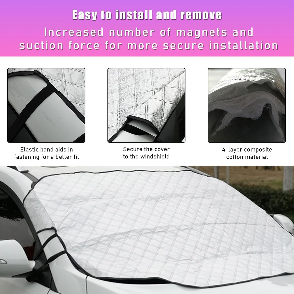 Ziciner Car Windshield Snow Cover, 76'' x 49.6'' Magnetic Front Windshield Cover with 4 Layers Protection, Auto Snow, Ice, Sun, Frost Defense, Universal Winter Exterior Accessories
