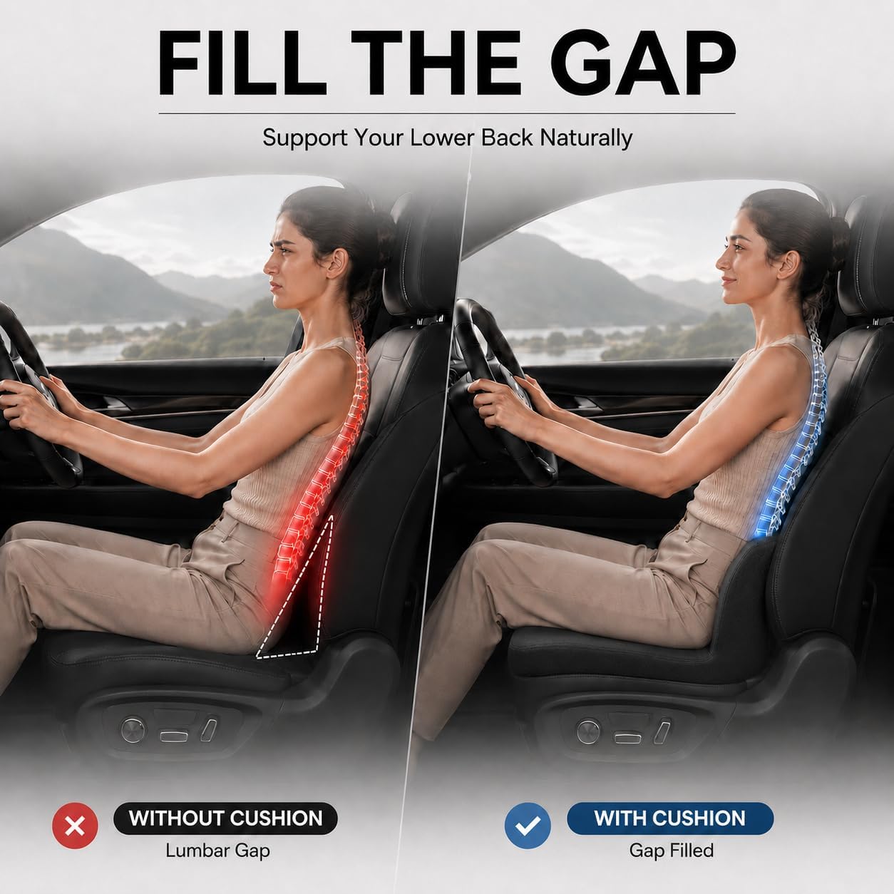 Car Seat Cushion with Integrated Lumbar Support, Memory Foam Pain Relief | Gap-Filling Design, Breathable Mesh Cover, Elevated Seating, Ergonomic Support for Driving Comfort and Long Trips